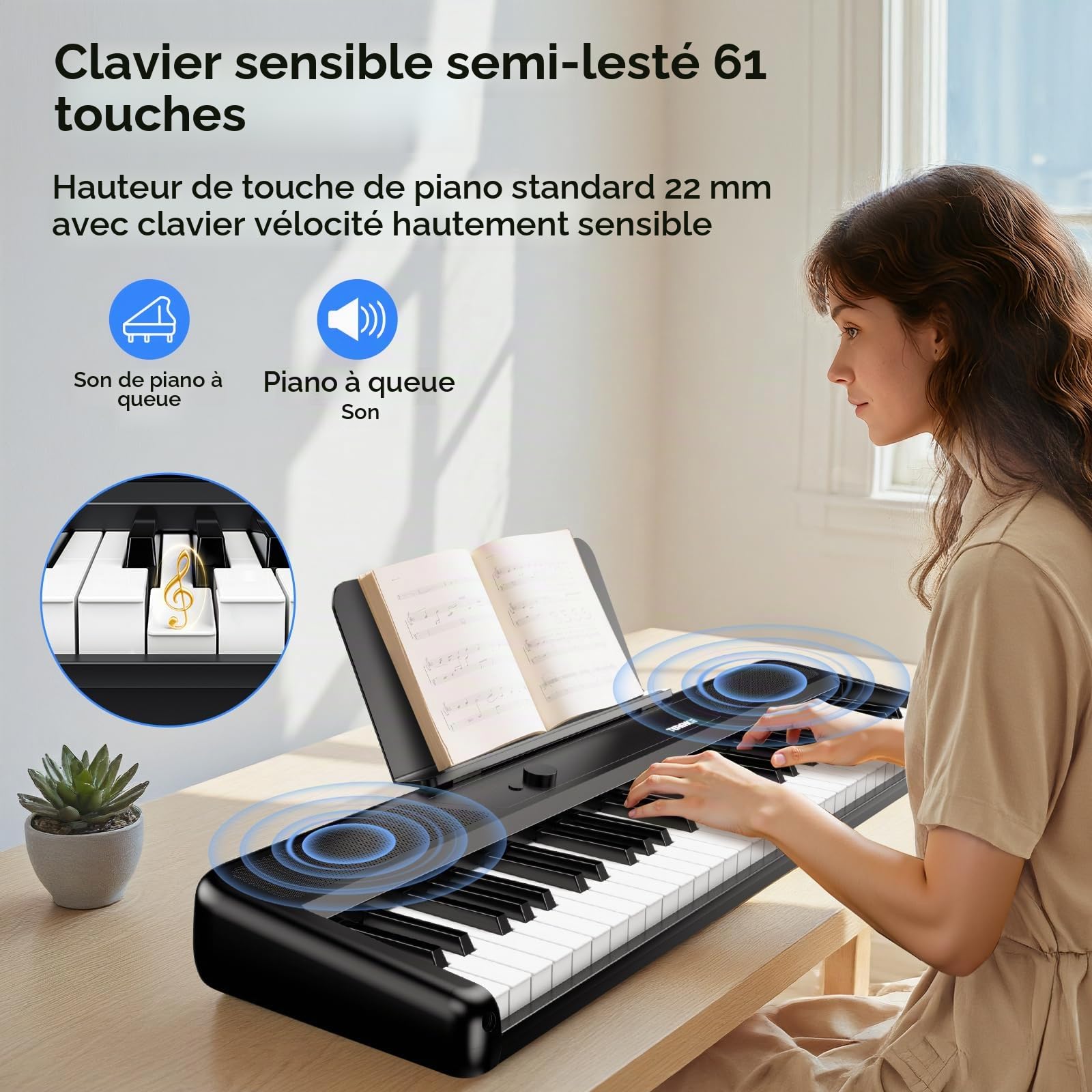 TERENCE Piano électronique à 61 touches avec support 2 haut-parleurs de 5 W réponse au toucher idéal pour débutants et adultes portable MIDI 128 sonorités