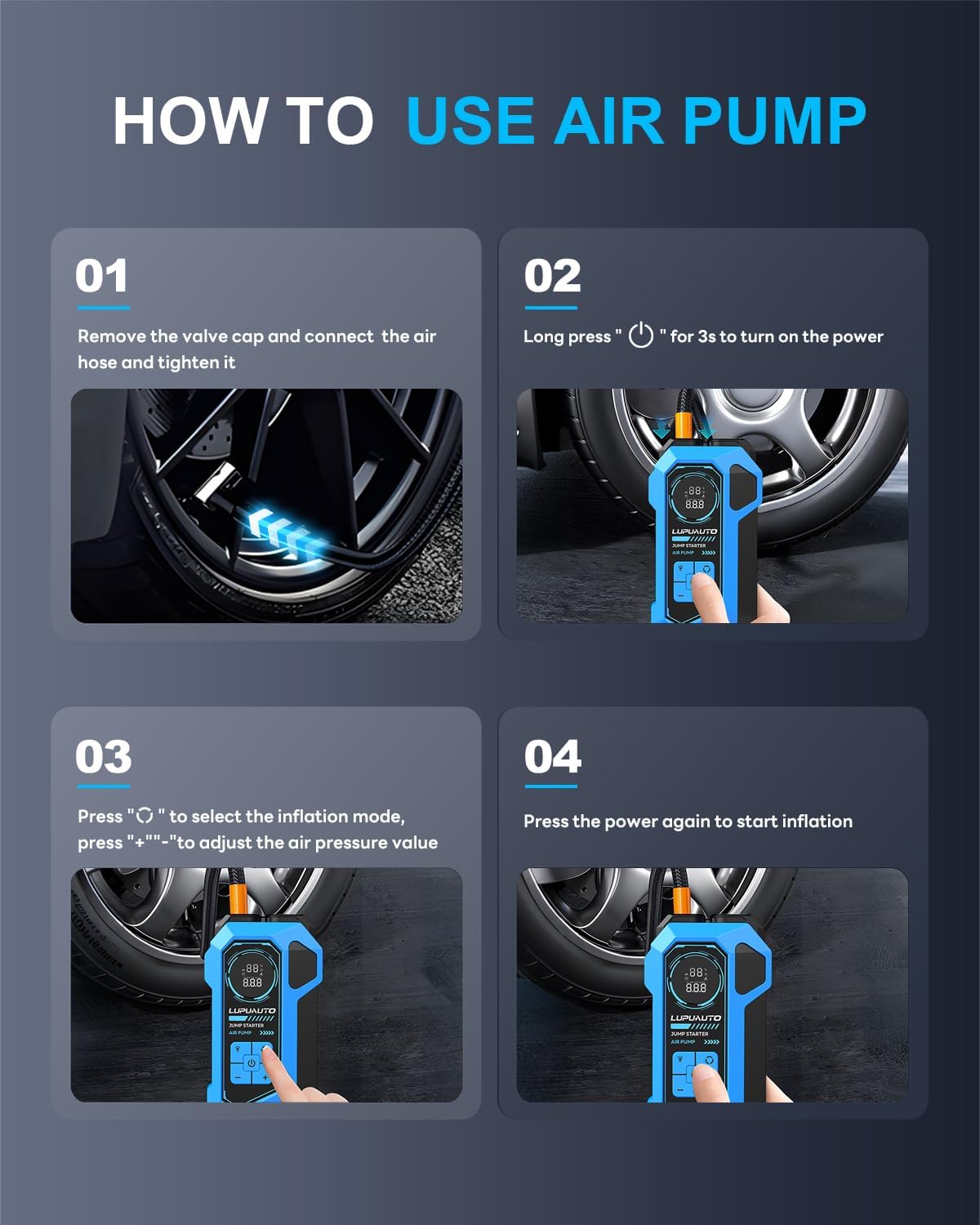 4000A Portable Jump Starter with 160PSI Air Compressor, Car Jump Starter Jump Box (10L Gas/8.5L Diesel), 12V Battery Jump Box Car Battery Jumper Starter with LCD Display, 500LM LED Lights - Image 6