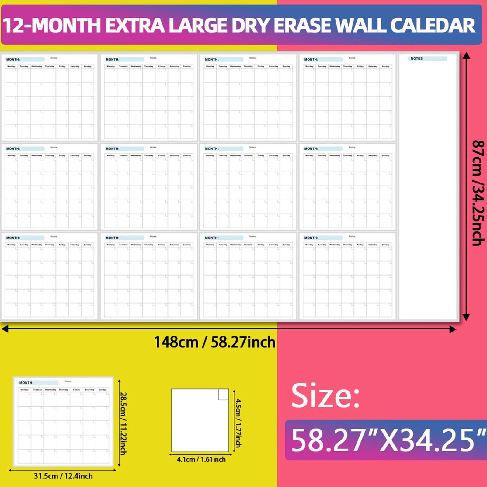 Planer ścienny, kalendarz ścienny, 12 miesięcy roczny dry-Erase duże składane powierzchnie do pisania, planery do wielokrotnego użytku w domu i szkole, 34 x 58