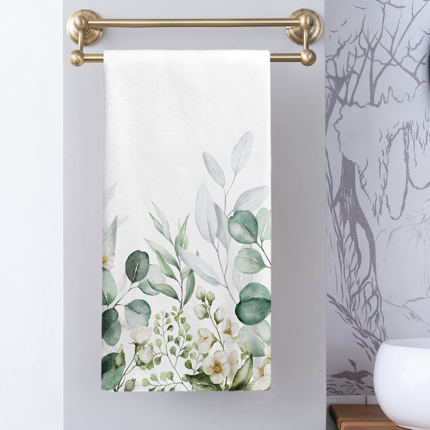 2 Pack Sage Green Eucalyptus Bathroom Hand Towels Decorative Green White Floral Leaves Dish Kitchen Towels 16x27 Inch Soft Botanical Absorbent Microfiber Bath Fingertip Towels Hotel Spa Decor - Image 6