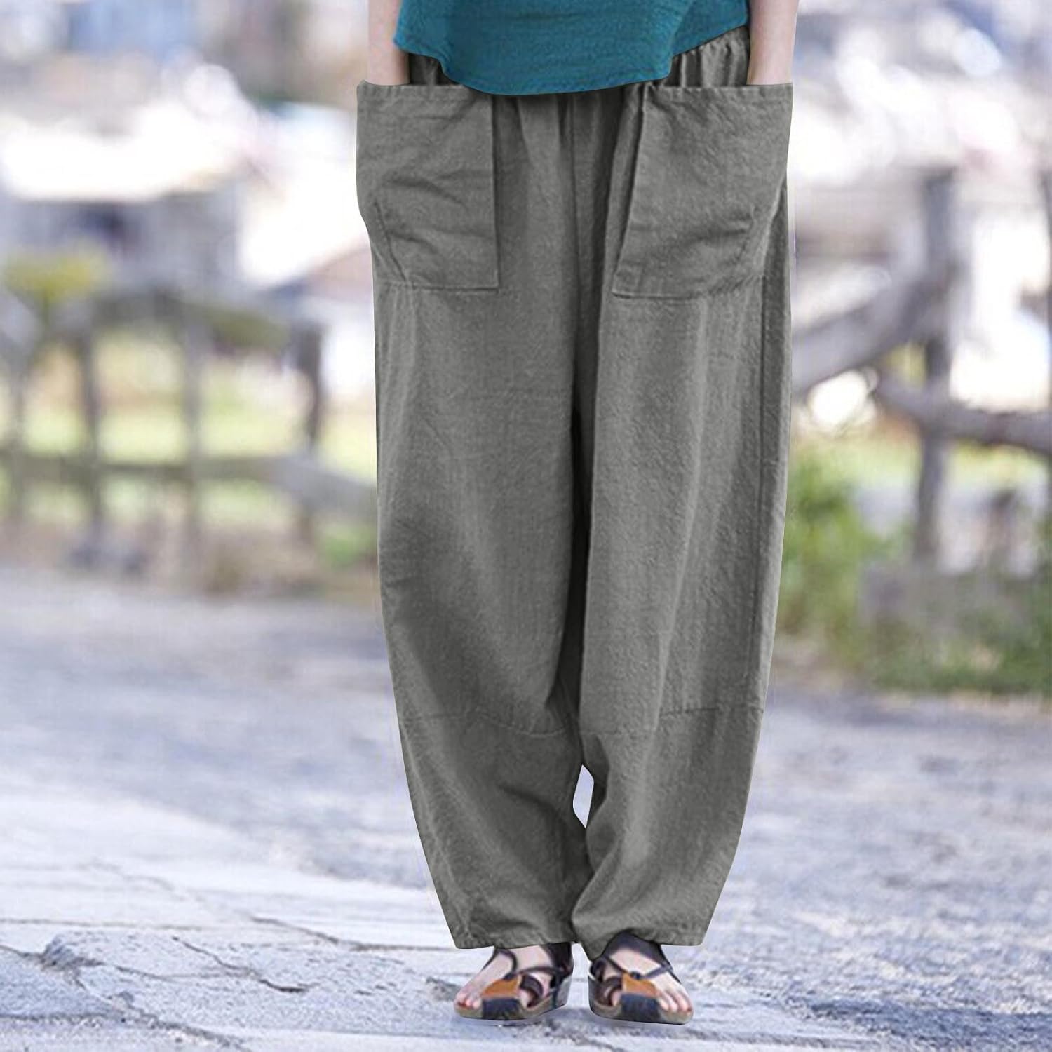 Women's Casual Baggy Cotton Linen Pants Elastic High Waist Relax Fit Wide Leg Trousers Boho Hippie Harem Pants