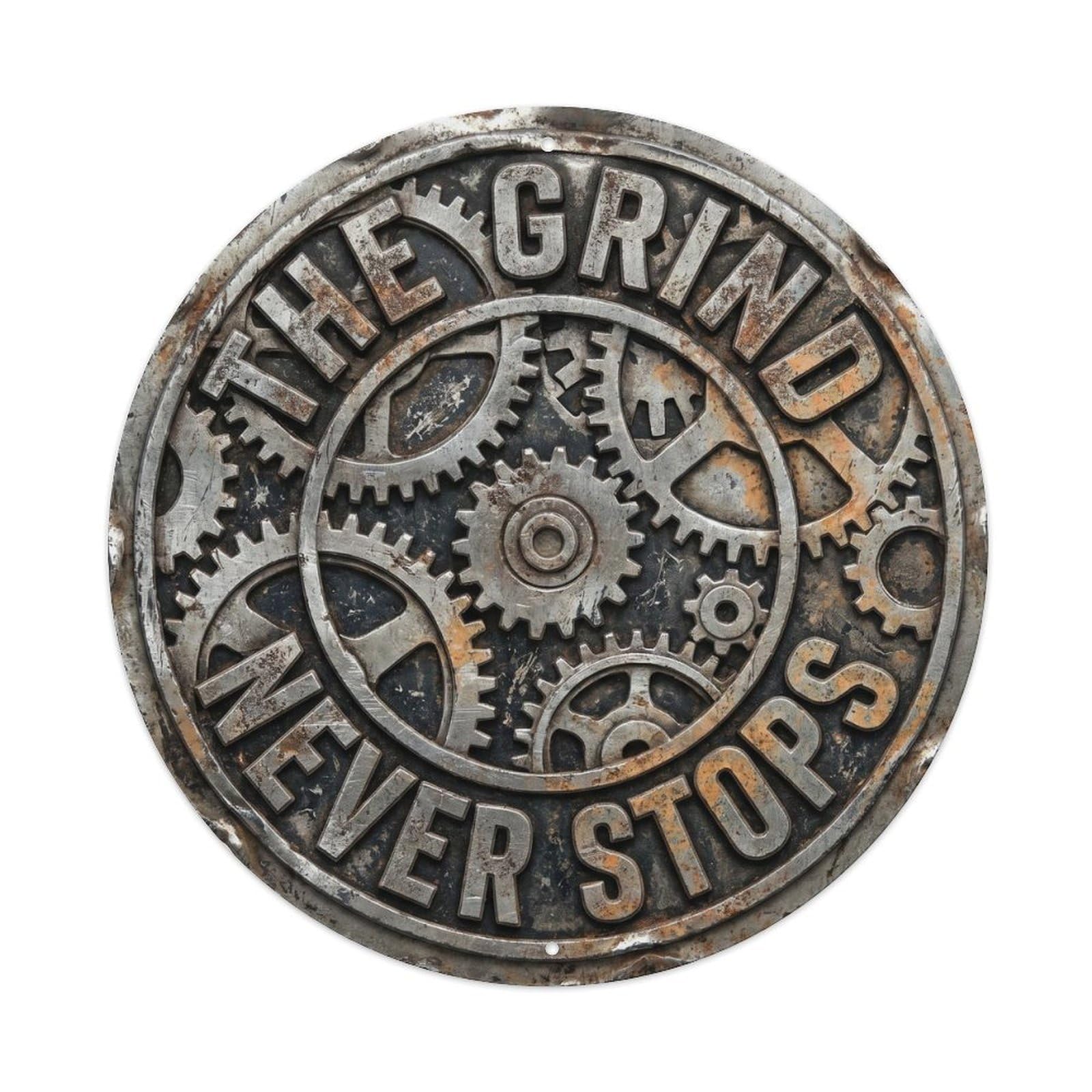 Grind Never Stops Vintage Indoor Ornament Retro Slogans Vintage Metal Tin Sign Plaque Wall Decor for Cafe, Club Bar, Office, Garden Metal Poster 8x8Inch