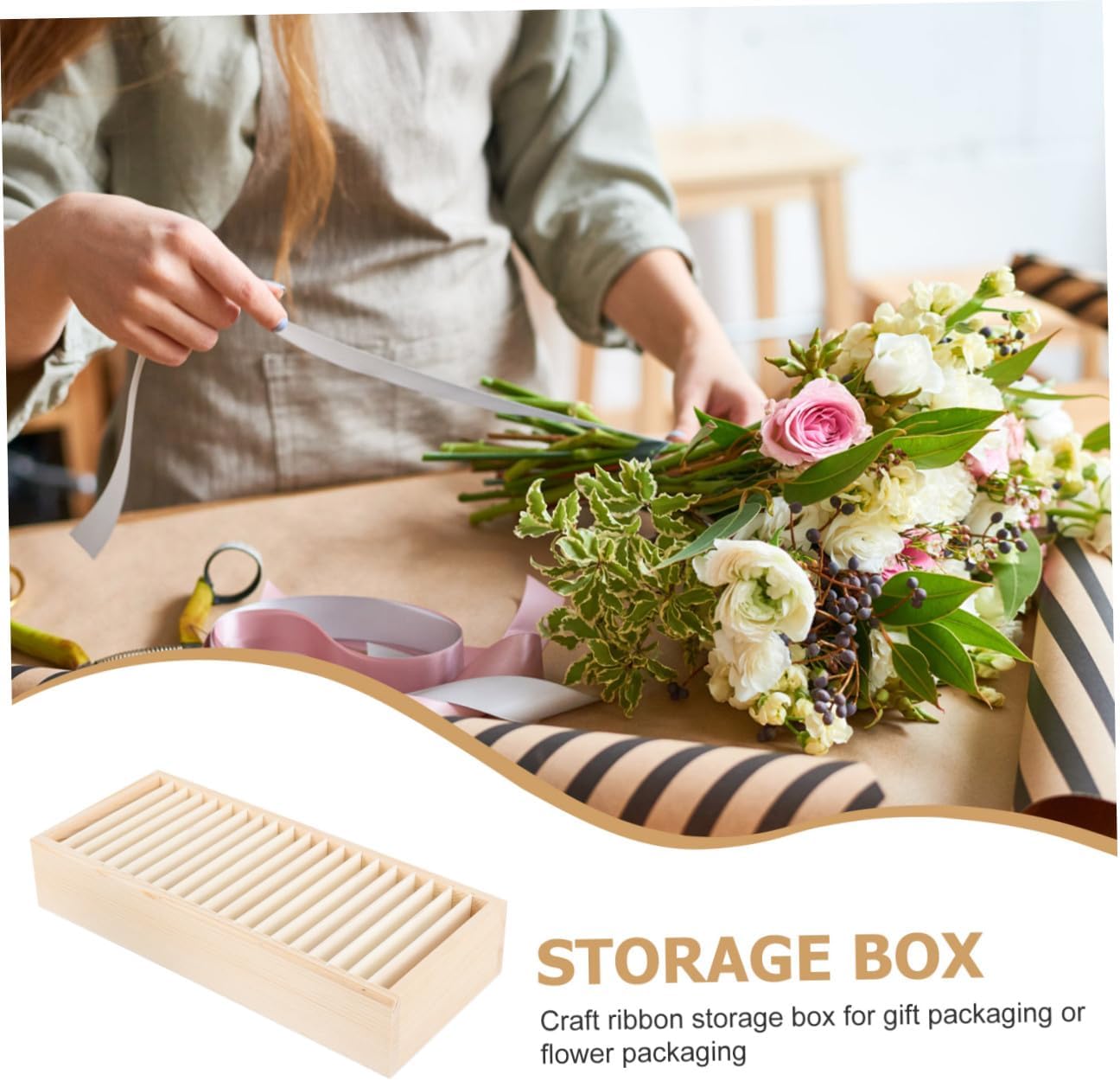 Sturdy Wooden Ribbon Storage Organizer Box for Home Office Use image 3