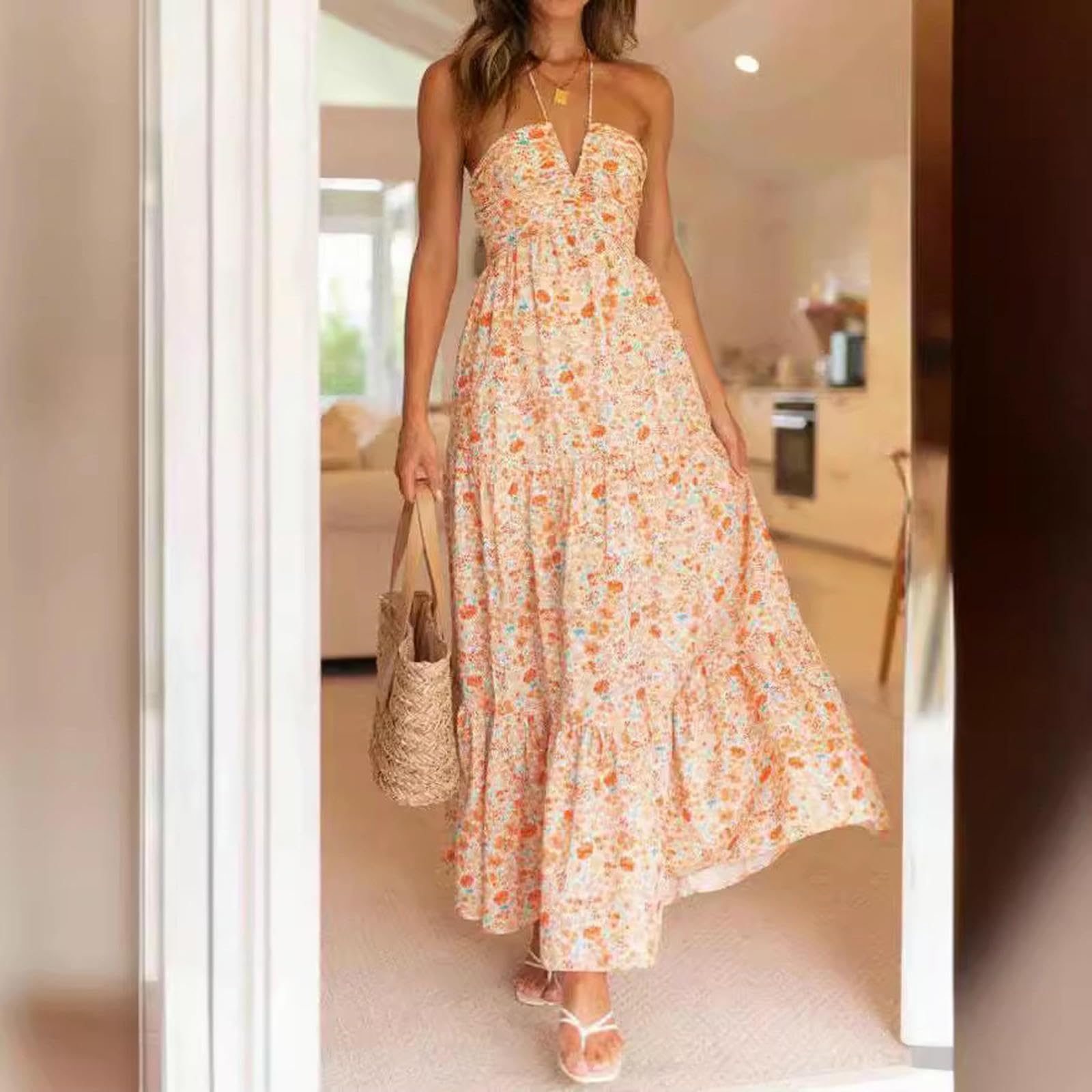 Vestito Donna Elegante Abito Estivo da Stampato A V-Scollo V-Torta in Stile FESTIVITÀ Casual Alto-Fiori Rossi-XL
