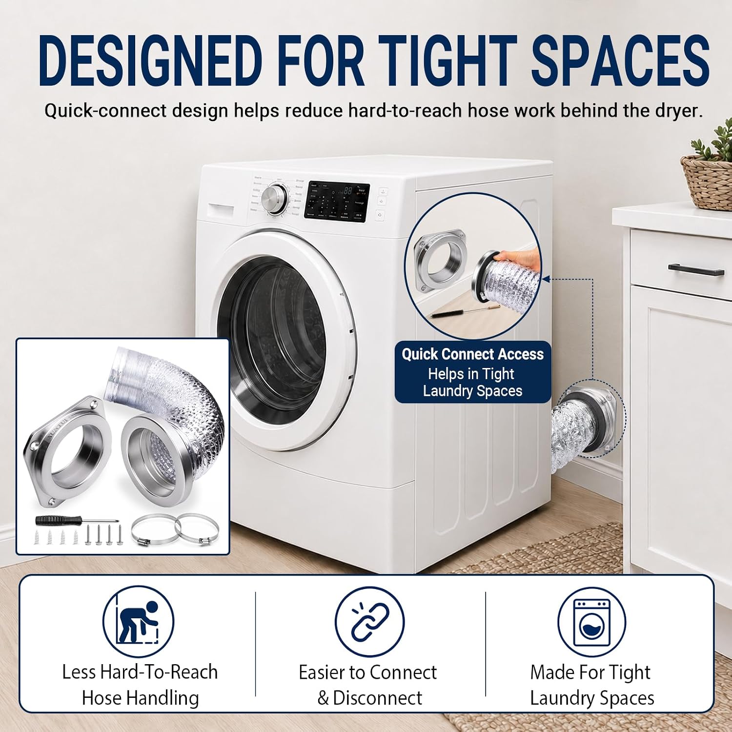 Magnetic Dryer Vent Connector Kit, 4" Quick Disconnect | 304SS, 3ft 6-Layer Hose, 0"-8" Offset, Airtight Seal, Magnetic Quick Disconnect, for Tight Space, Apartment, RV, Fits DV180
