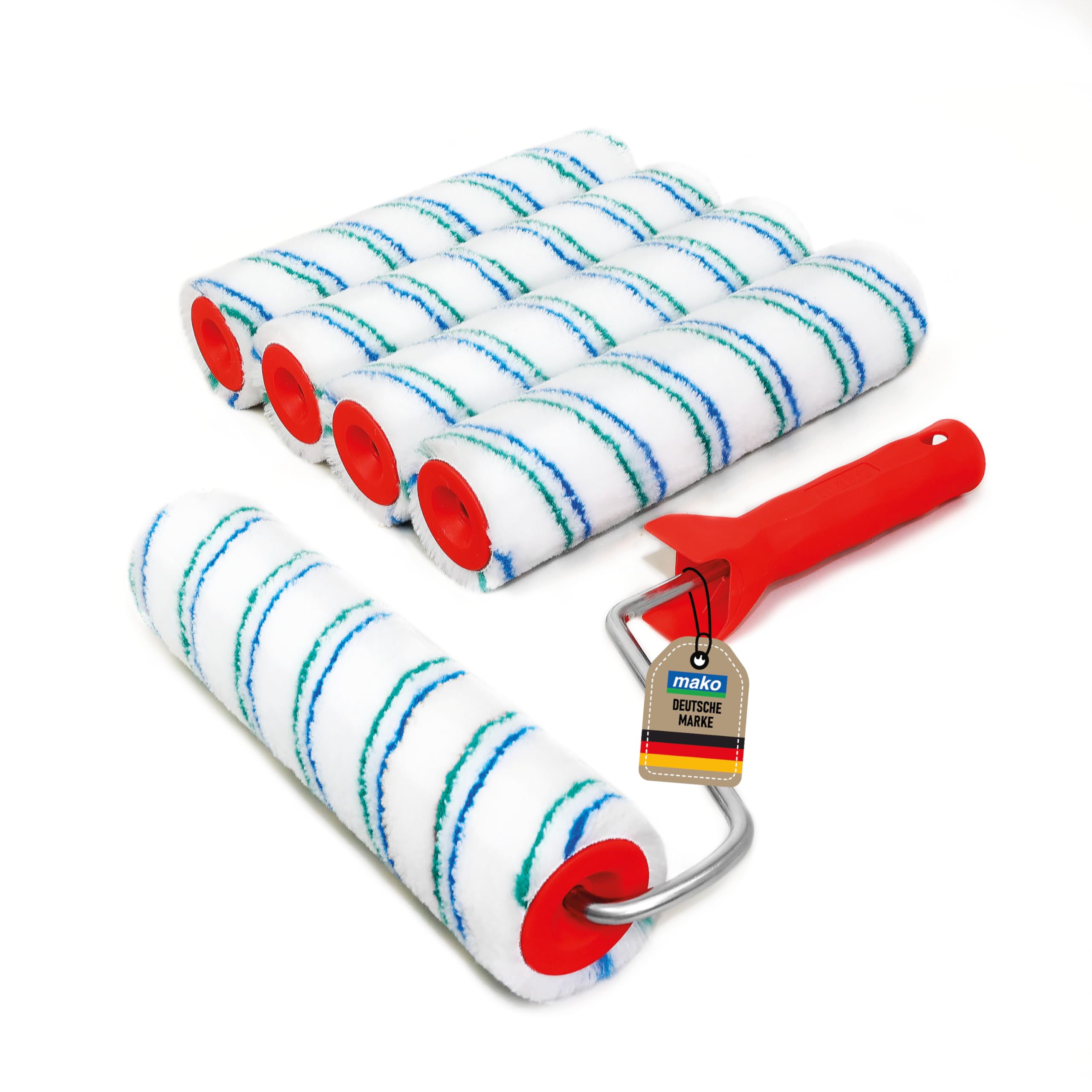5x mako easytex PROFI Malerwalzen-Set 25 cm – Farbwalzen inkl. Rollerbügel, für Wand- & Fassadenfarben, ergonomisch, aufsteckbar, für glatte & leicht strukturierte Untergründe