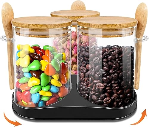 3 tarros de vidrio con tapas de bambú, recipientes de almacenamiento de alimentos de 19 onzas con cuchara para café y azúcar, juego de recipientes