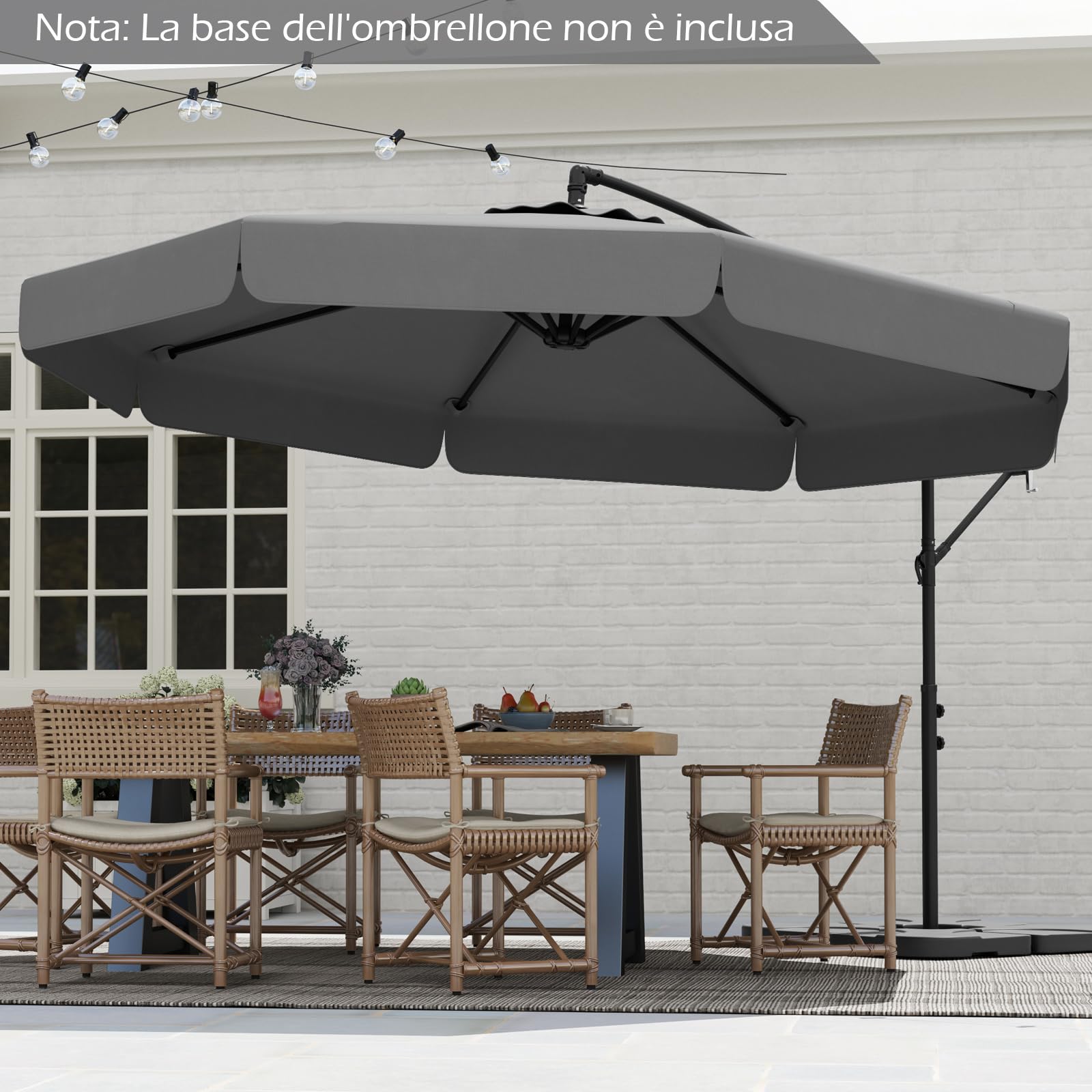 COSTWAY Ombrellone da Giardino 290 cm a Braccio | Inclinazione Regolabile, Manovella, 8 Stecche, Telo Solare, Copertura Inclusa (Grigio, Non Base)