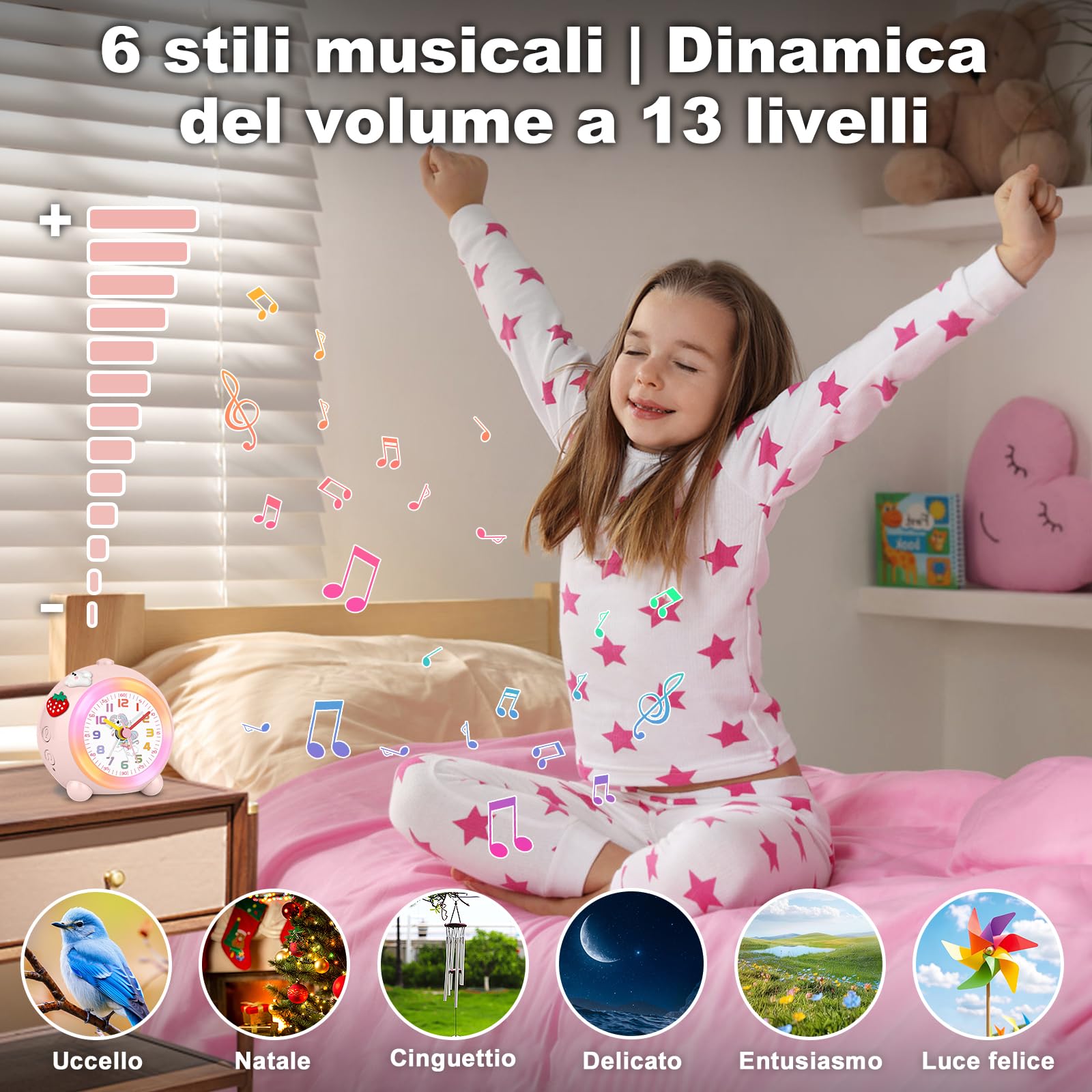 SOCICO Sveglia analogica per bambini ragazze, design unicorno, silenziosa, senza ticchettio, graziosa sveglia analogica pesca, con luce colorata, volume regolabile (rosa pallido)