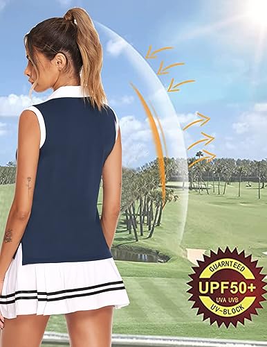 Vista 3 de HOTLOOX Camiseta polo de golf sin mangas para mujer, verano 2024, UPF 50+, cremallera, cuello en V, camiseta sin mangas S-XXL