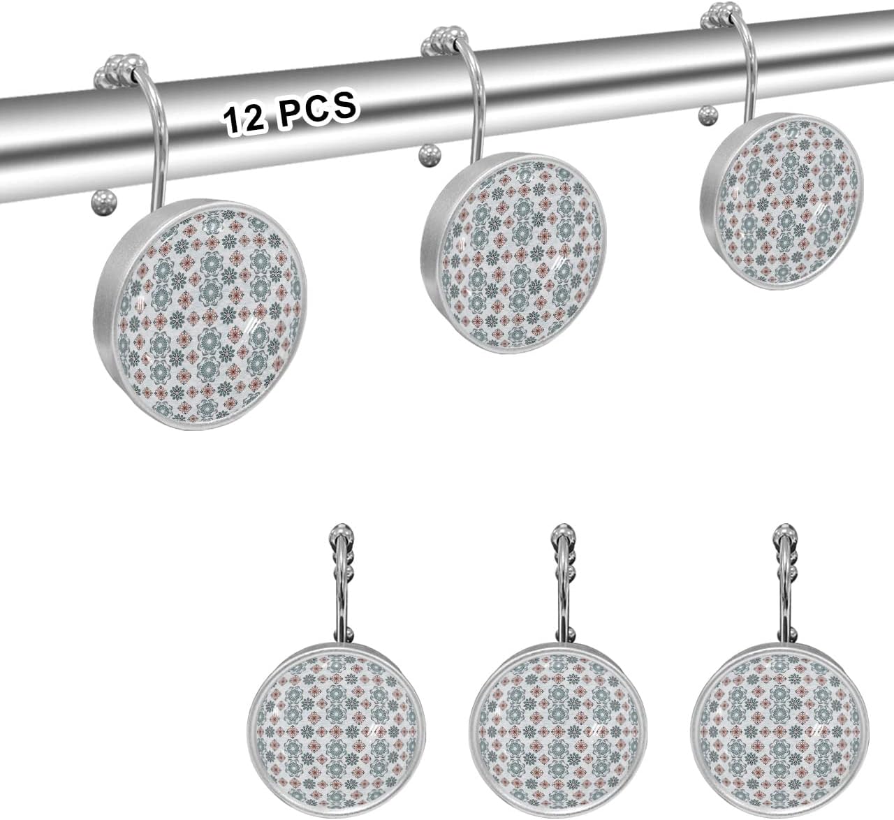 Shower Curtain Hooks 12 Pcs, Abstract Geometric Blue and Orange Flowers Stainless Steel Rust Proof Rolling Shower Curtain Rings, Decorative Shower Curtain Hooks Hangers for Bathroom