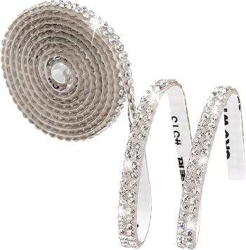 2 Yard Self Adhesive Rhinestone Ribbon, 2-Rows Glass Rhinestone Trim Chain, Bling Crystal Strips Diamond Tape for Cars Phone Flower Clothes Shoes DIY Crafts- White