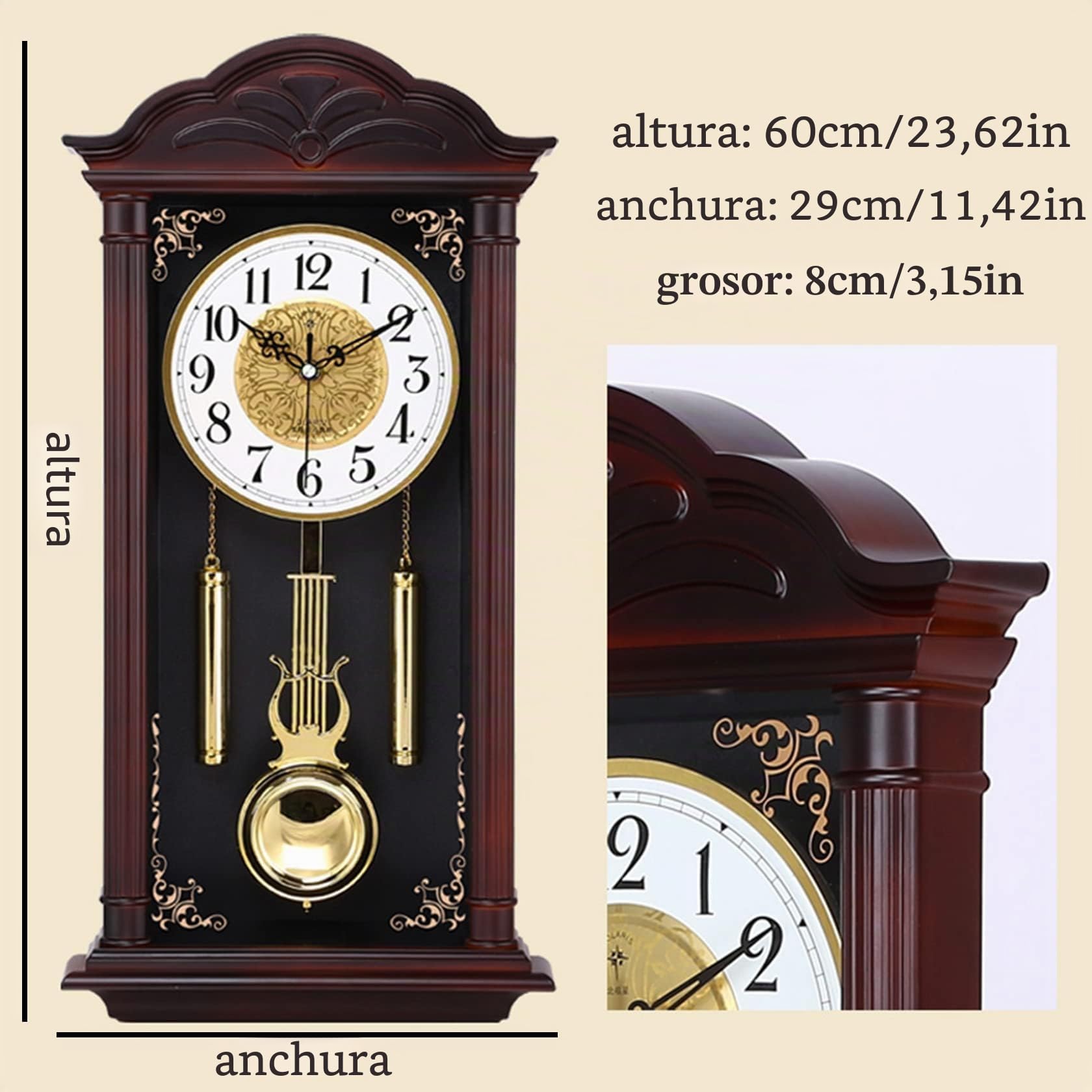 Reloj de pared de madera con péndulo de campanilla, reloj clásico silencioso de 66 cm con péndulo oscilante