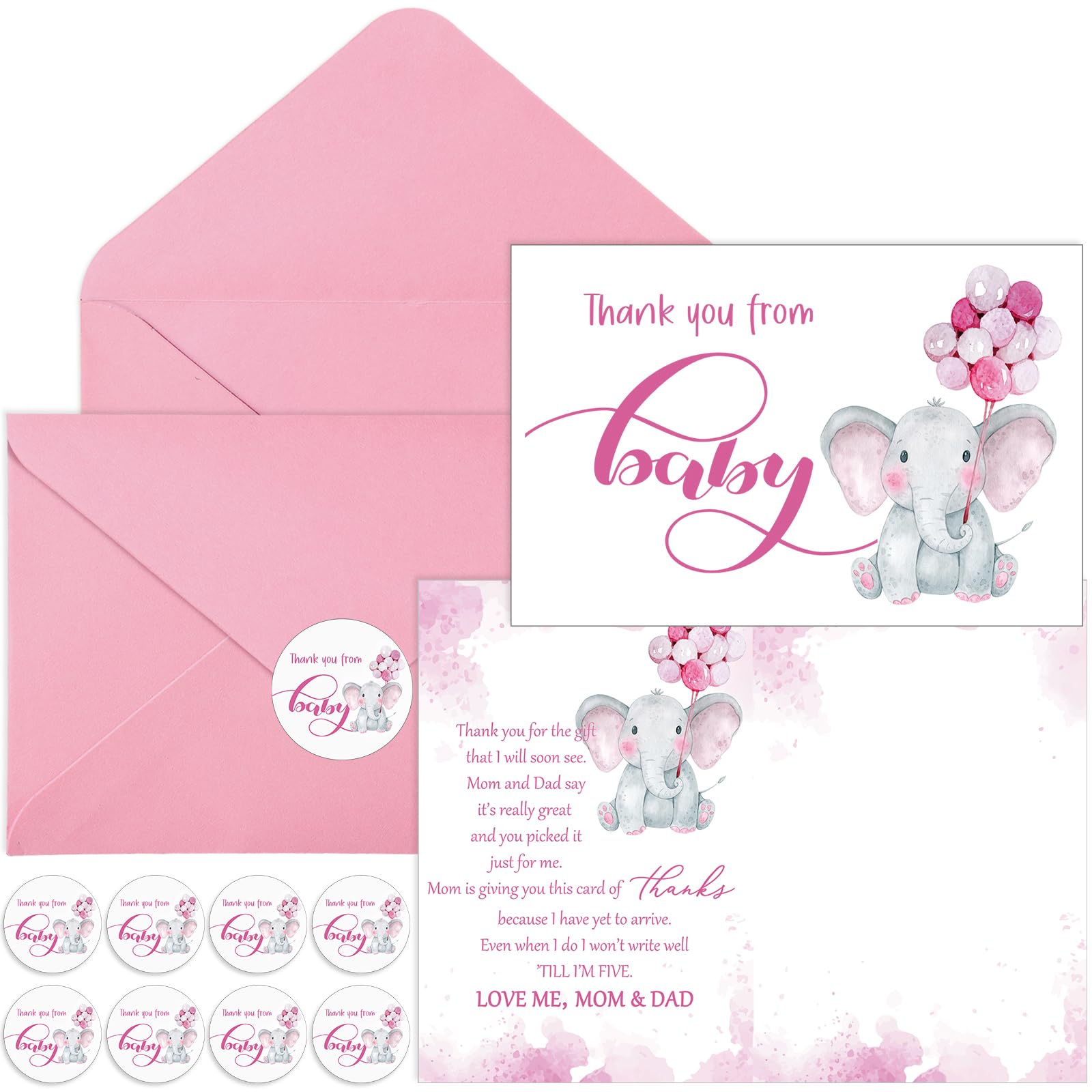 Zhanmai 50 Sets Baby Shower Thank You Gift Cards 50 Elephant Themed Baby Shower Thank You Notes with 50 Envelopes and 50 Stickers for Boys Girls