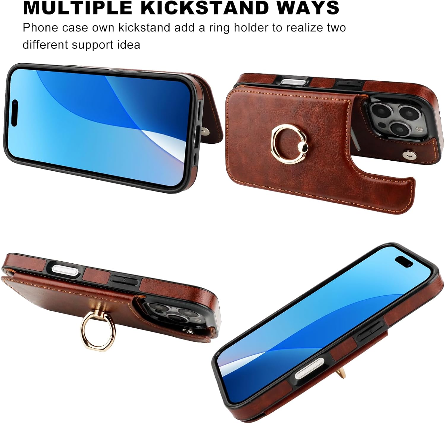 ONETOP for iPhone 16 Pro Wallet Case with Card Holder, 360° Rotation Ring Kickstand RFID Blocking PU Leather Double Magnetic Clasp Shockproof Cover for Women and Girls 6.3 Inch (Brown) - Image 3