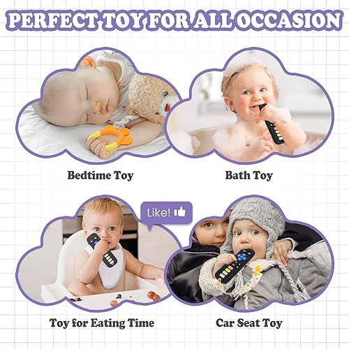 Miniatura 7 de Juguetes de dentición para bebés, juego de 2 mordedores para 0-6, 3-6 meses y 6-12 meses, mordedor negro con forma de control remoto, mordedor en