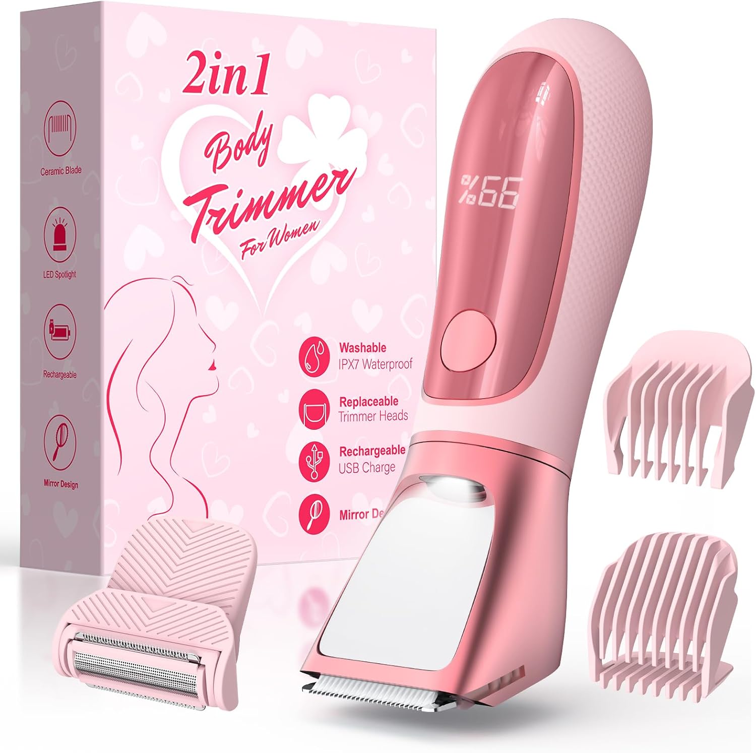 Bikini Trimmer for Women Men, 2 in 1 Electric Razors Shaver, IPX7 Waterproof Body Hair Trimmer with Mirror, LED Light & Display, Painless Pubic Hair Removal, Pink