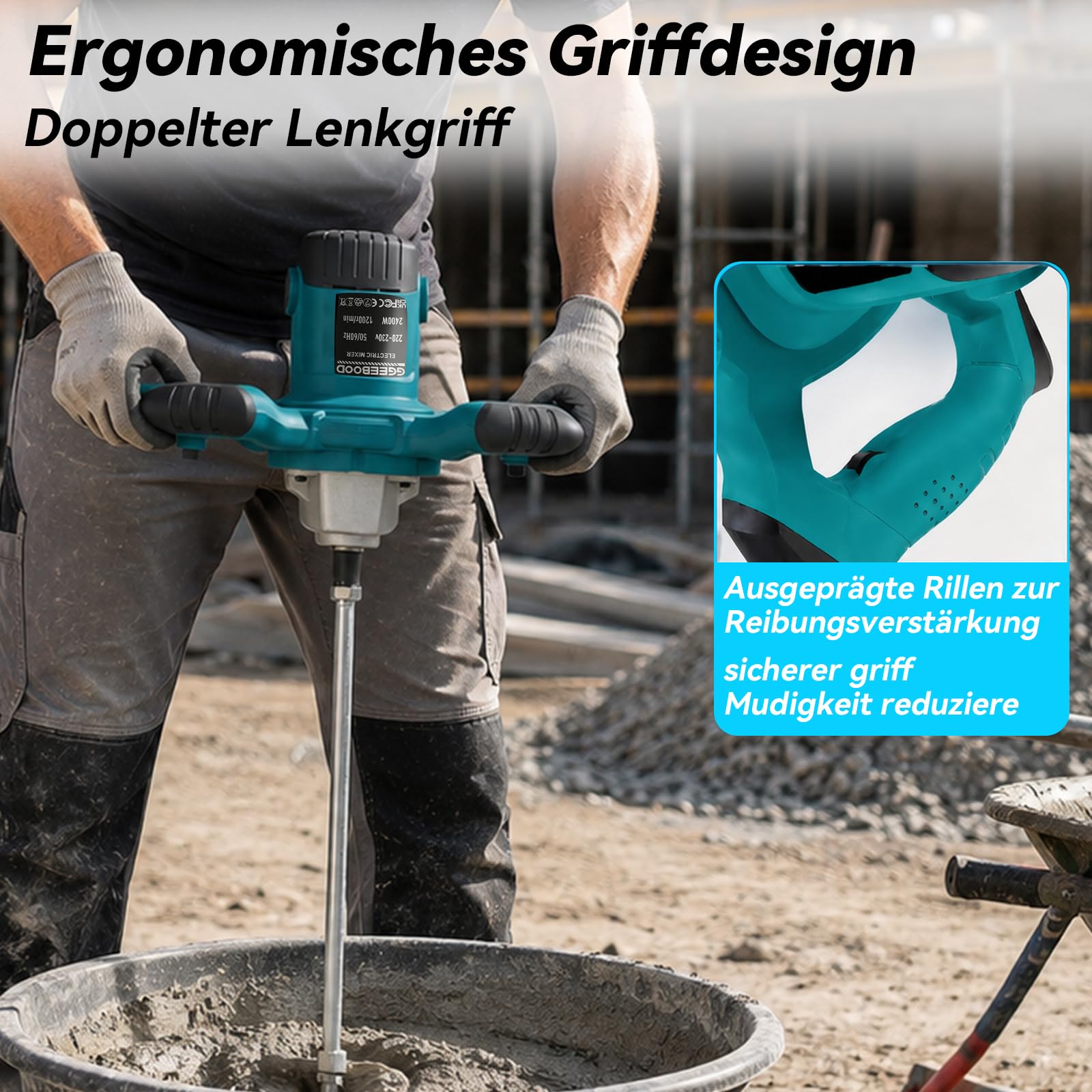 Mörtelrührer, 2400W Rührwerk mit 6-Gang-Getriebe, 1200r/min Quirl Mörtelrührer, Bürstenloser Reiner Kupfermotor, M14-Gewindemischer 1,8m Kabel Geeignet für Mörtel, Gips, Kleber und Zement