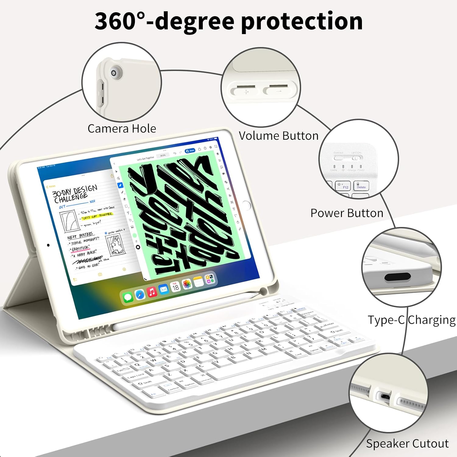 Case with Keyboard for iPad 10.2 inch 2021/2020/2019, iPad 9th/8th/7th Generation Detachable Bluetooth Keyboard Cover with Pencil Holder, Multi-Angle Stand for Study/Office/Travel (White Creme)