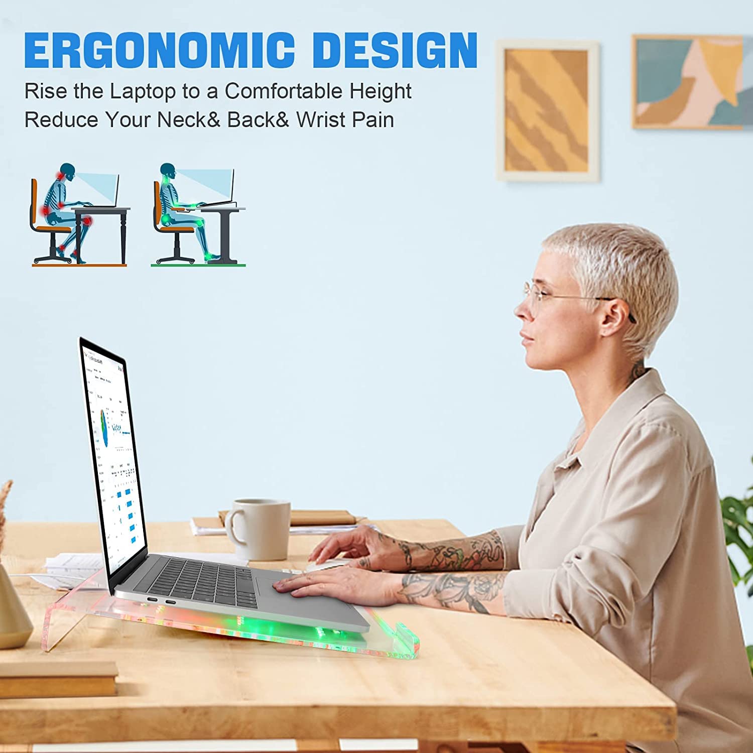 MAMBASNAKE Supporto per Laptop, Ergonomico Riser per Computer, Supporta per Notebook in Acrilico, Ventilato Supporto per PC, 366 RGB Retroilluminato, Compatibile con iPad MacBook Air HP, 10- 17,3"