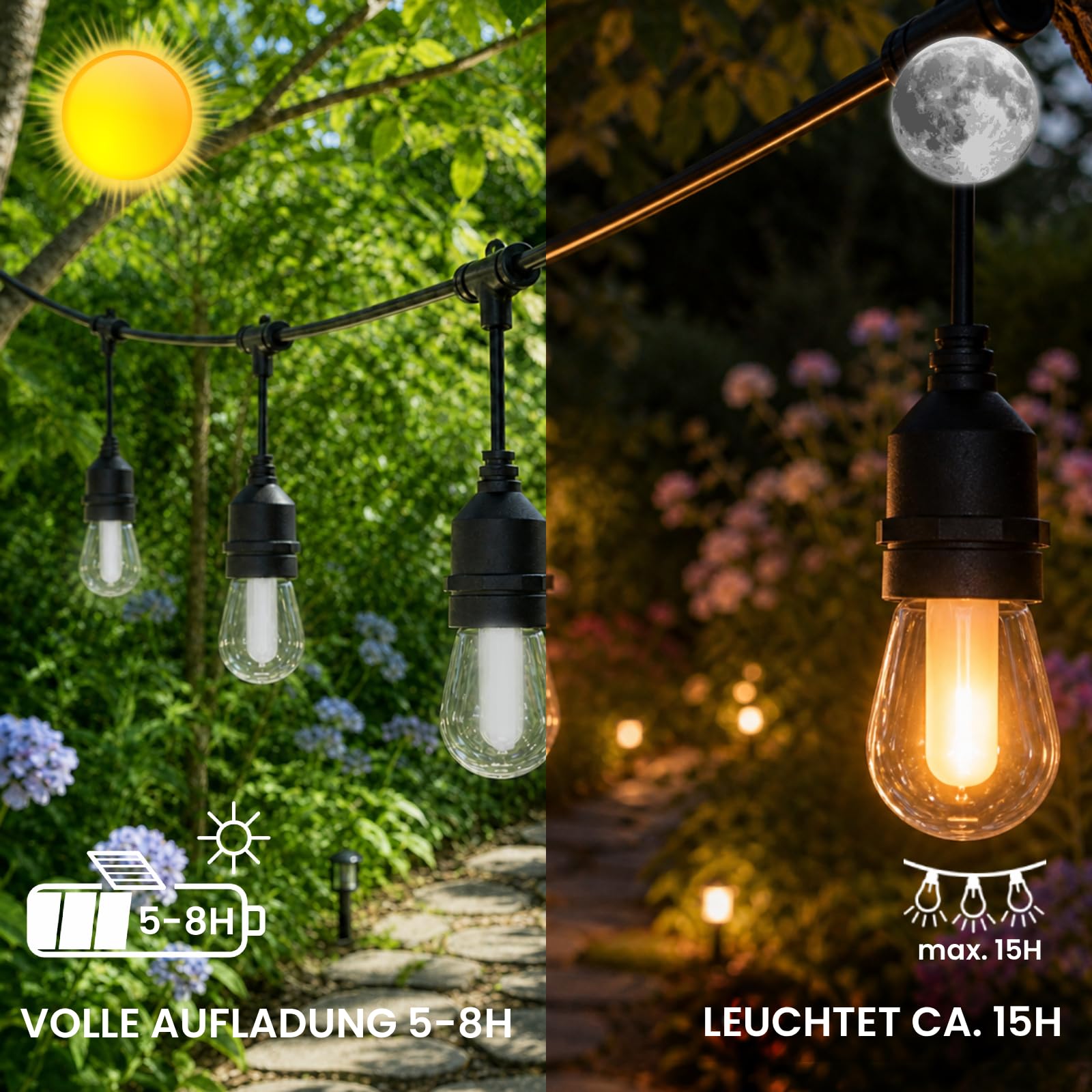 Lumiled Solar Lichterkette Außen Outdoor 15m 15 LED Glühbirnen Flammeneffekt Garten Lichterketten IP65 Wasserdicht 2in1 mit Solarpanel Strom Fernbedienung Beleuchtung Terrasse Balkon Warmweiß Dimmbar
