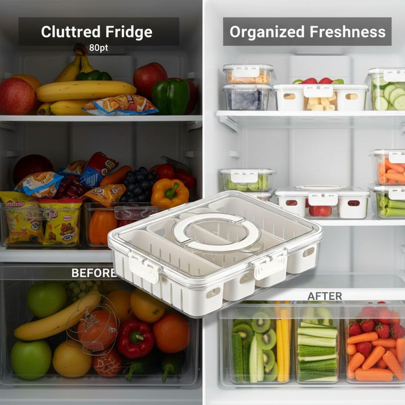 Snackle Box-Behälter für den Kühlschrank, Serviertray mit 4 Fächern aus PET, tragbare Snackbox mit Abtropfschicht, dicht schließende Deckel, 31 x 24 x 7 cm für Küche und Picknick