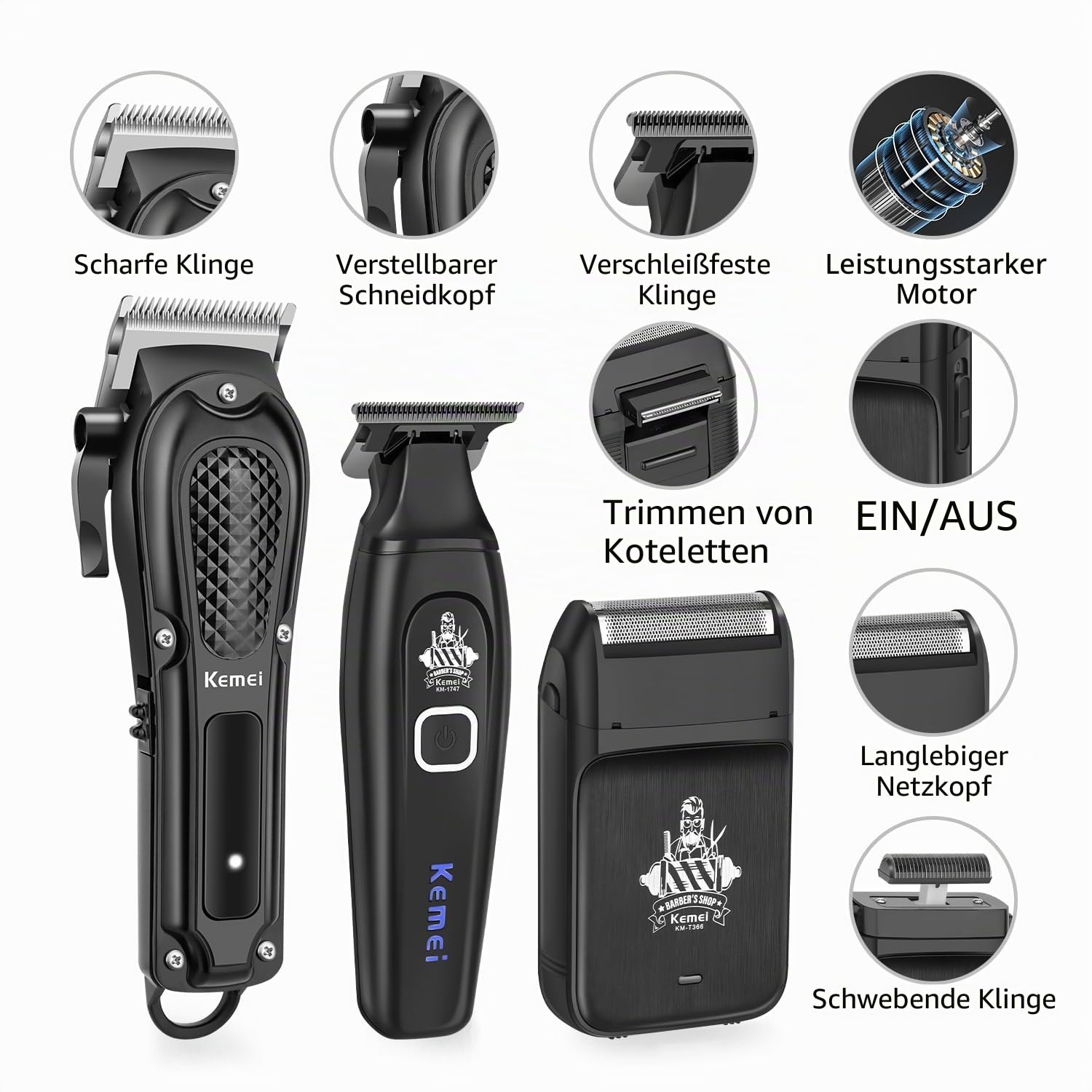 KEMEI Haarschneidemaschine für Männer, Schnurloser Barber Clipper Bartschneider Folienrasierer Set, USB-Aufladung Komplettes Elektrisches Haarschneide-Pflegeset mit 9 Führungskämmen
