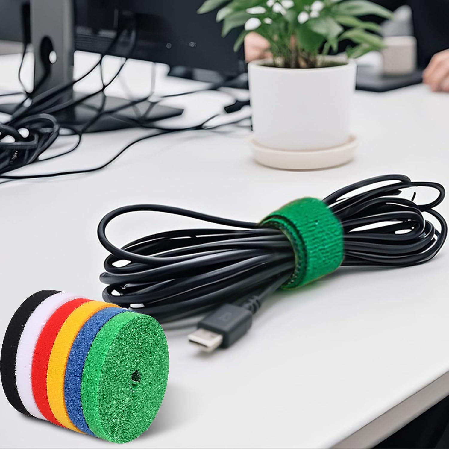 Reusable Hook and Loop Straps, Multi-Color Nylon Plant Ties, Self-Adhesive Cable Management Tapes for Organizing and Binding