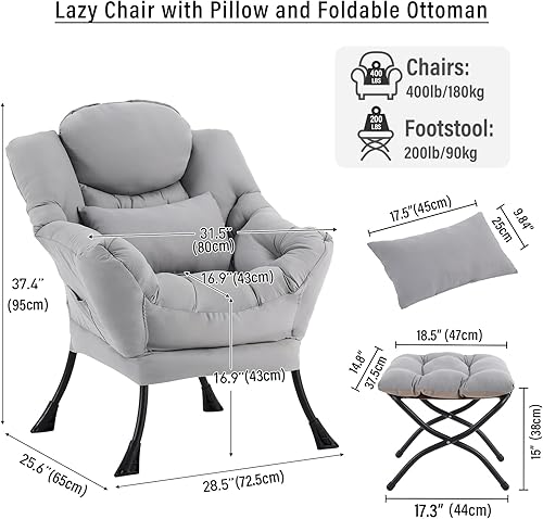 Miniatura 2 de Silla Lazy con otomana, moderna silla decorativa con almohada lumbar, sillas cómodas con reposapiés plegable para dormitorio, lectura, sillas de