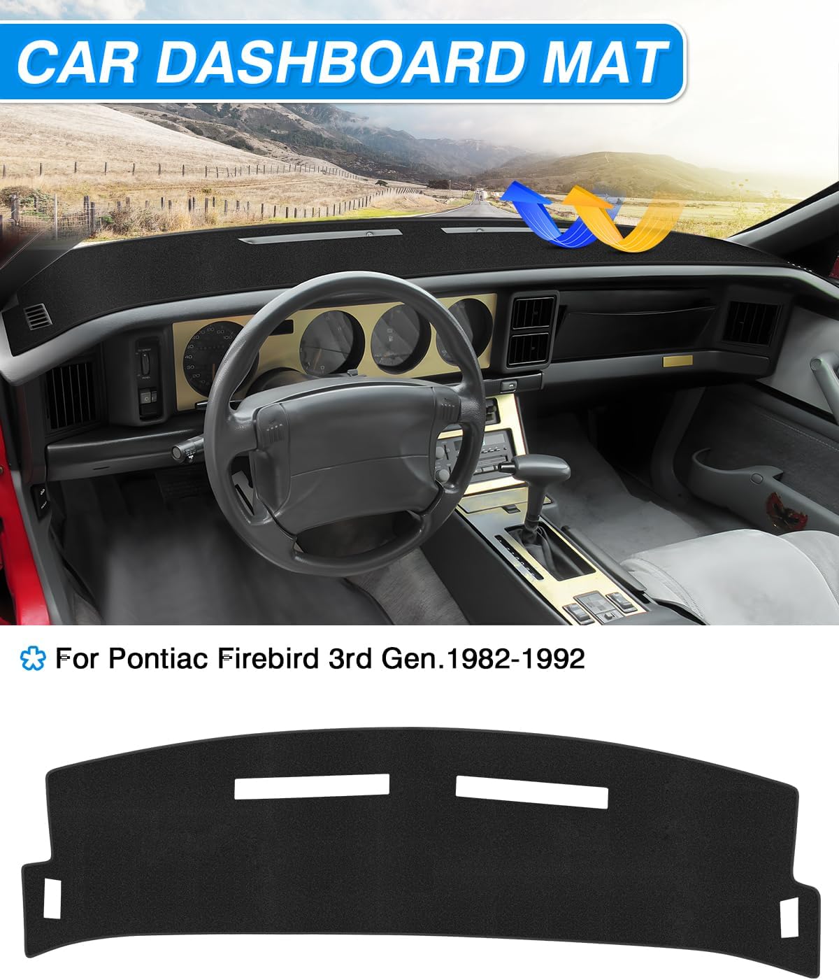 CARTIST Dash Cover Compatible with Pontiac Firebird 1982-1990 1991 1992 Accessories Dashboard Cover Mat Non-Slip Carpet Sunshield Glare UV Rays Protector