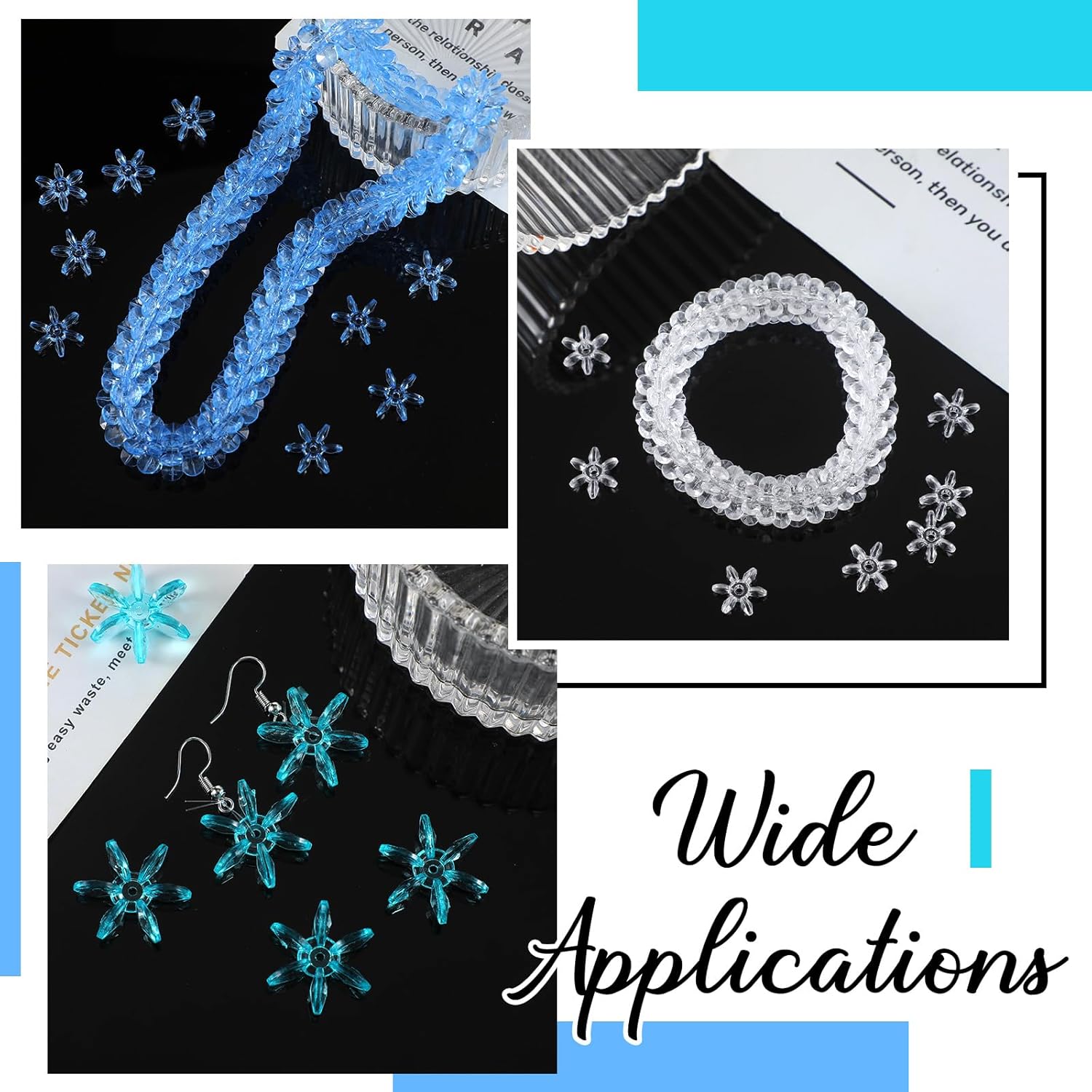 Jutom 600 Pcs Sunburst Beads Winter Clear Plastic Crystal Beads 25 Mm/ 18 Mm/ 12 mm Snowflake Designs for Wristband Necklace Jewelry Craft Making(Blue) - Image 3