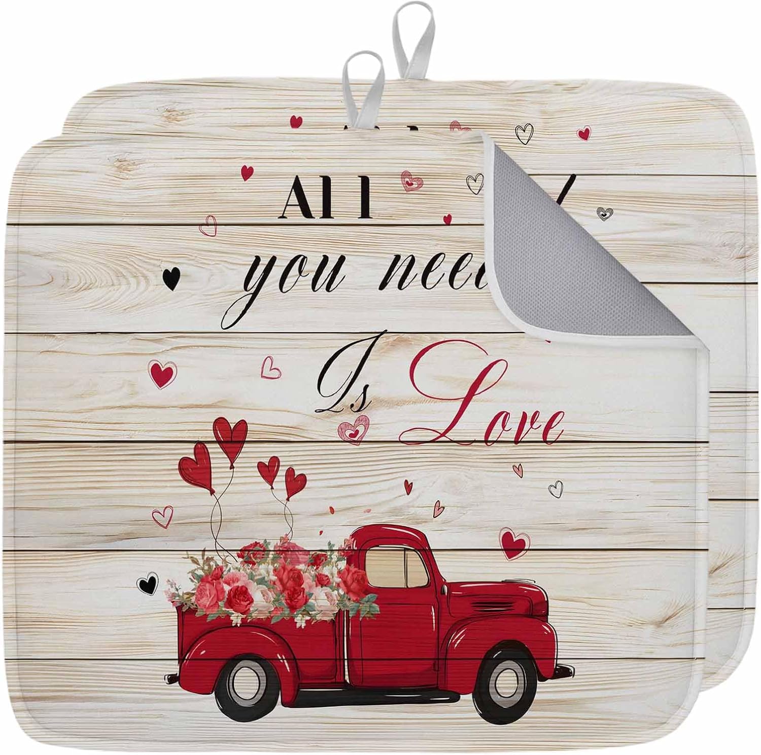 Spring Valentine's Day Red Truck Dish Drying Mats for Kitchen Counter,Absorbent Microfiber Dish Drainer Rack Mat Farm Vintage Wooden Board Drying Pad for Sinks,Utensils,Countertops,18x24in