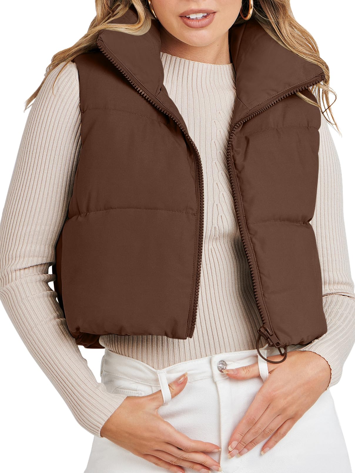 Women's Crop Puffer Vest Lightweight Stand Collar Sleeveless Zip Up Padded Gilet Coat