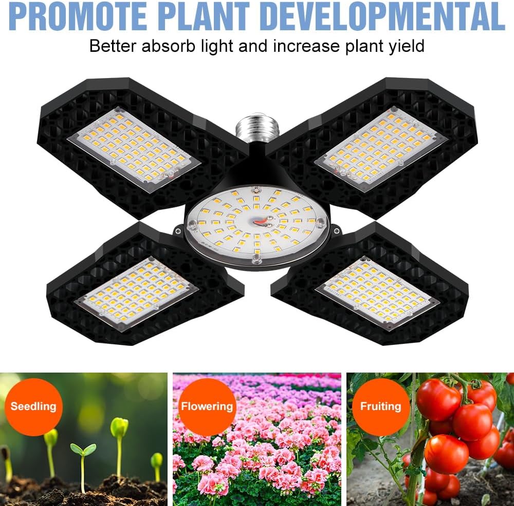2Pack LED Full Spectrum Plant Bulb E26/E27 Foldable Planting Grow Lights Sunlight 100W Indoor Hydroponic Fill Light Four Leaf Deformable UV/IR Red Blue Cultivation Lamps 110V Greenhouse Tent Lighting