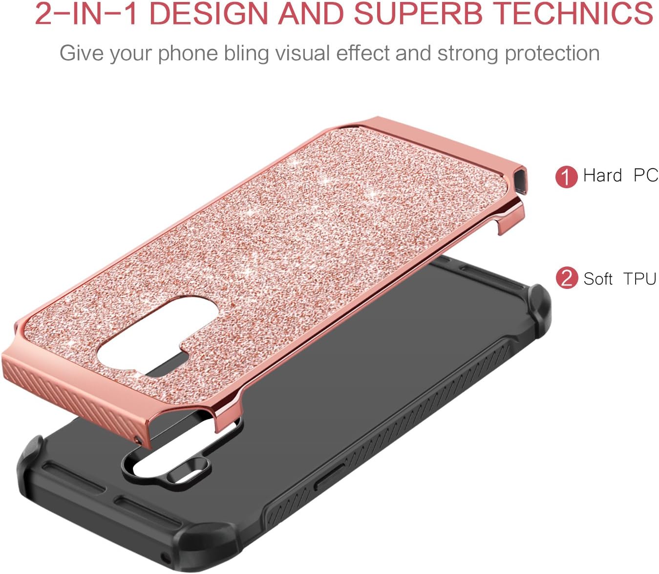 BENTOBEN Case for LG G7 ThinQ, Case for LG G7, Heavy Duty 2 in 1 Hybrid Hard PC Soft TPU Laminated Shiny Faux Leather Chrome Shockproof Cover Protective Phone Case for LG G7/LG G7 ThinQ, Rose Gold