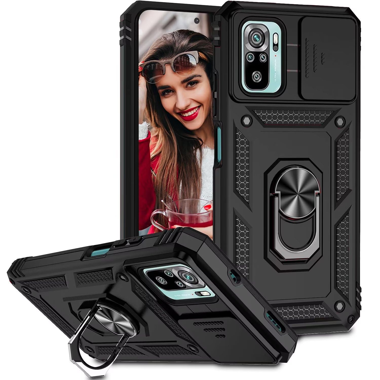 POUHYE Handyhülle Für Xiaomi Redmi Note 10 4G/10S - Mit Schiebedeckel Für Kamera, 360° Drehbarer Metallring, Militärischer Schutz