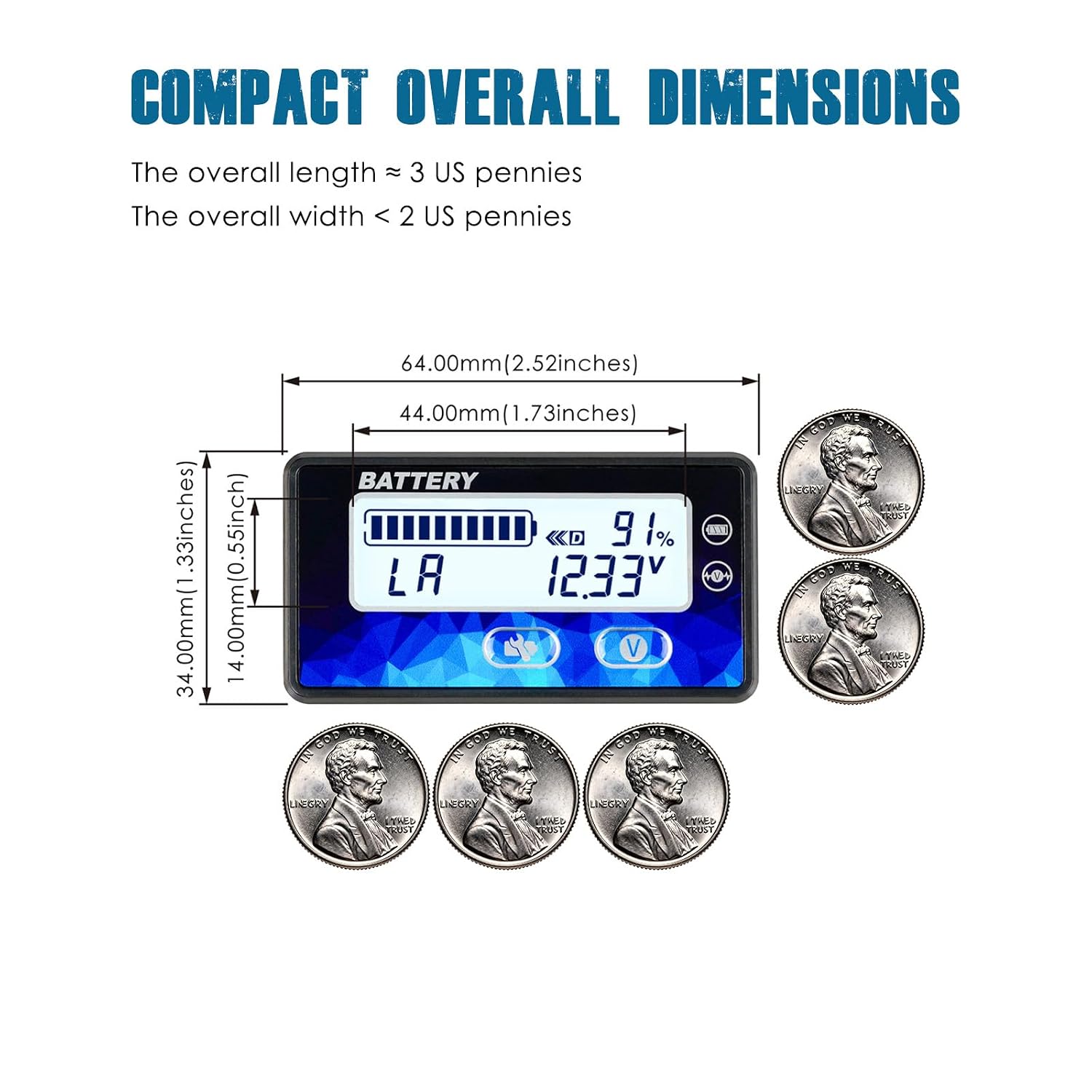 Runleader RL-BI050A Battery Level Meter White Backlit Full-View LCD | DC 12V 24V 36V 48V Voltage Gauge for Lead-Acid, LiFePO4, Lithium, Golf Cart, RV, Forklift, E-Bike & Solar Generator
