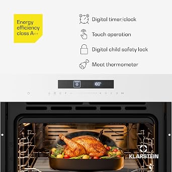 Klarstein Airjet Built In Oven - 72L Electric Oven with Airfryer Mode, 13 Cooking Functions, Touch Control, Enamel Interior, A++ Energy, Triple Glazed, Integrated Single Oven, White