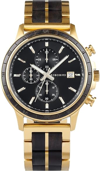 BOBO BIRD Mens Wooden Watch with Stainless Steel Wood Strap, Japanese Quartz Movement, Multi-Functional Chronograph Watch for Business
