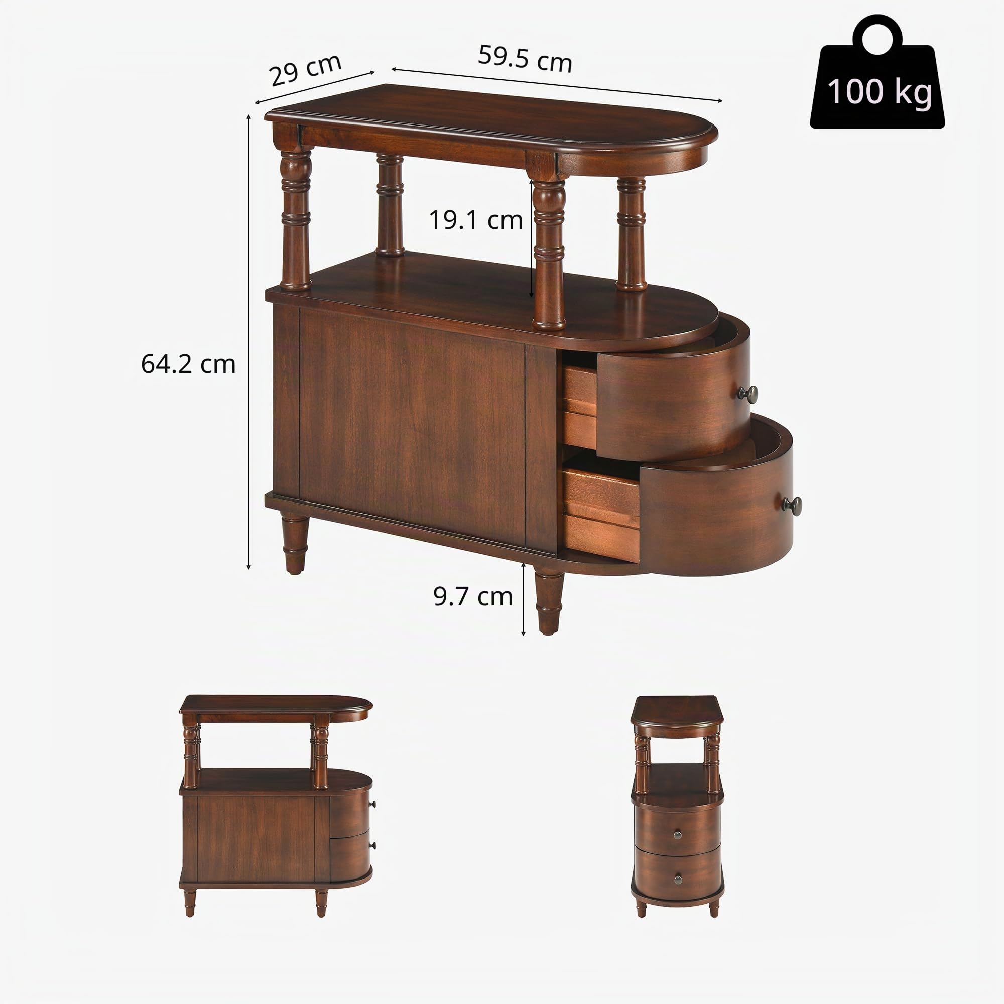 Mesa auxiliar de madera con 2 cajones y estante, sofá estrecho mesa auxiliar para salón, mesita de noche vintage delgada para dormitorio, silla delgada, mesa auxiliar cereza nogal