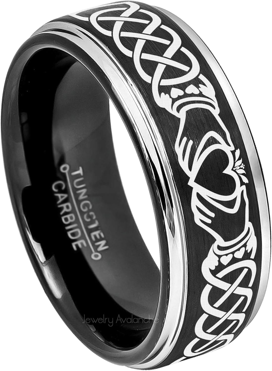 Mens Celtic Claddagh Tungsten Ring -8mm Brushed Finish Black IP & Gunmetal Stepped Edge Comfort Fit Tungsten Carbide Wedding Band
