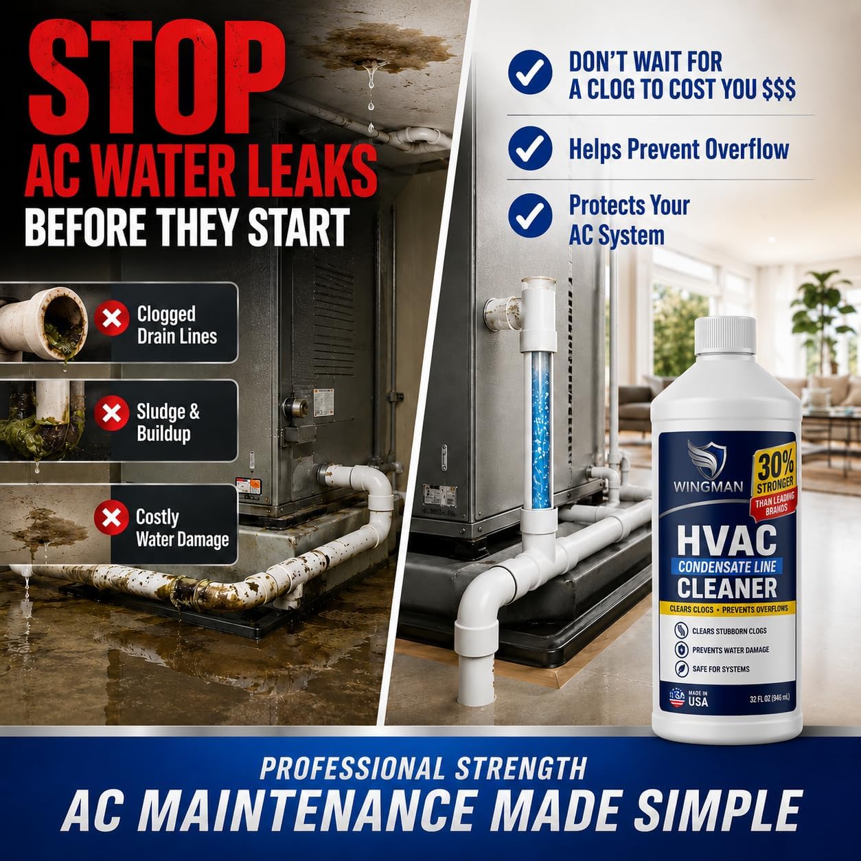 Wingman Cleaners AC Drain Line Cleaner, 32 Oz – HVAC Condensate Drain Line Treatment, Works Fast, Helps Prevent Clogs, Overflow & Odors, 30% Stronger Than Leading Brands - 16 Month Supply