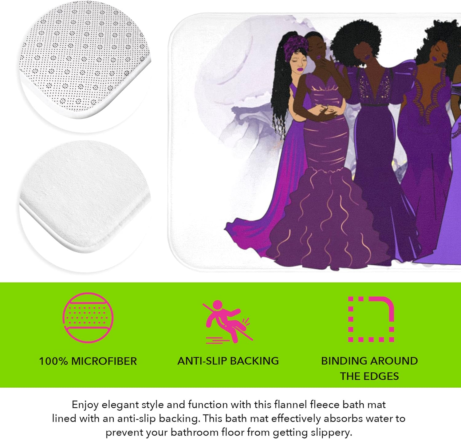 Pardon My Fro Non-Slip Bathroom Mats, Cushioned Soft Absorbent 100% Microfiber, Quick-Dry for Shower, Tub, and Floor, Featuring Fierce Fro-Beauty Home Decor Rugs - Harmony Bath Mat, Purple 30"x20"