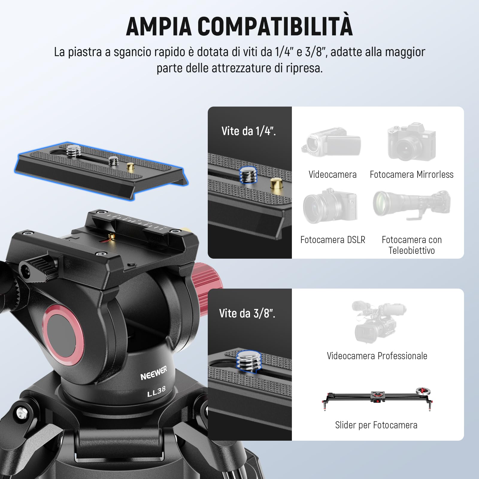 NEEWER LL38 2m Treppiede Video per Fotocamera con Testa Fluida e Panno Pulizia, Tripod in Metallo Robusto con Piastra a Sgancio Rapido in Un Passo Compatibile con Canon Nikon Sony Videocamera, Max 8kg