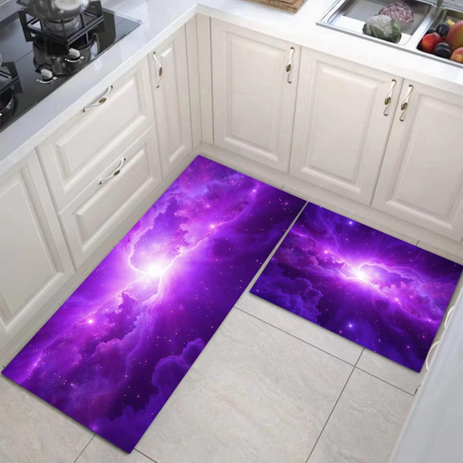Tapis de cuisine antidérapant violet lot de 2 grand format galaxie 40x120 cm