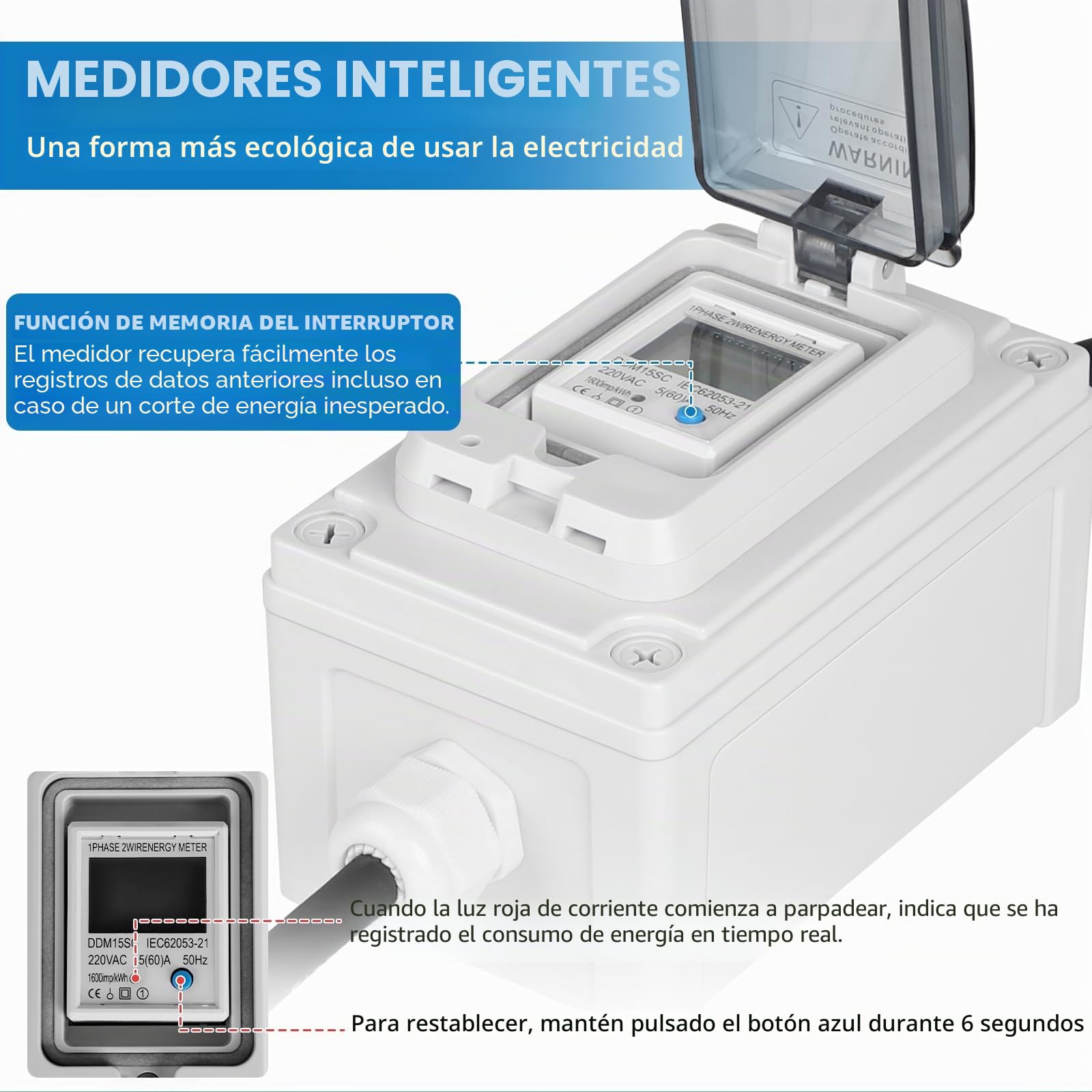 SWAWIS Medidor Digital Portátil de Electricidad 230V IP67 con enchufe CEE Contador de Consumo Eléctrico Portátil para Exteriores KWH Enchufe para Autocaravanas, Vehículos Eléctricos y Hogares