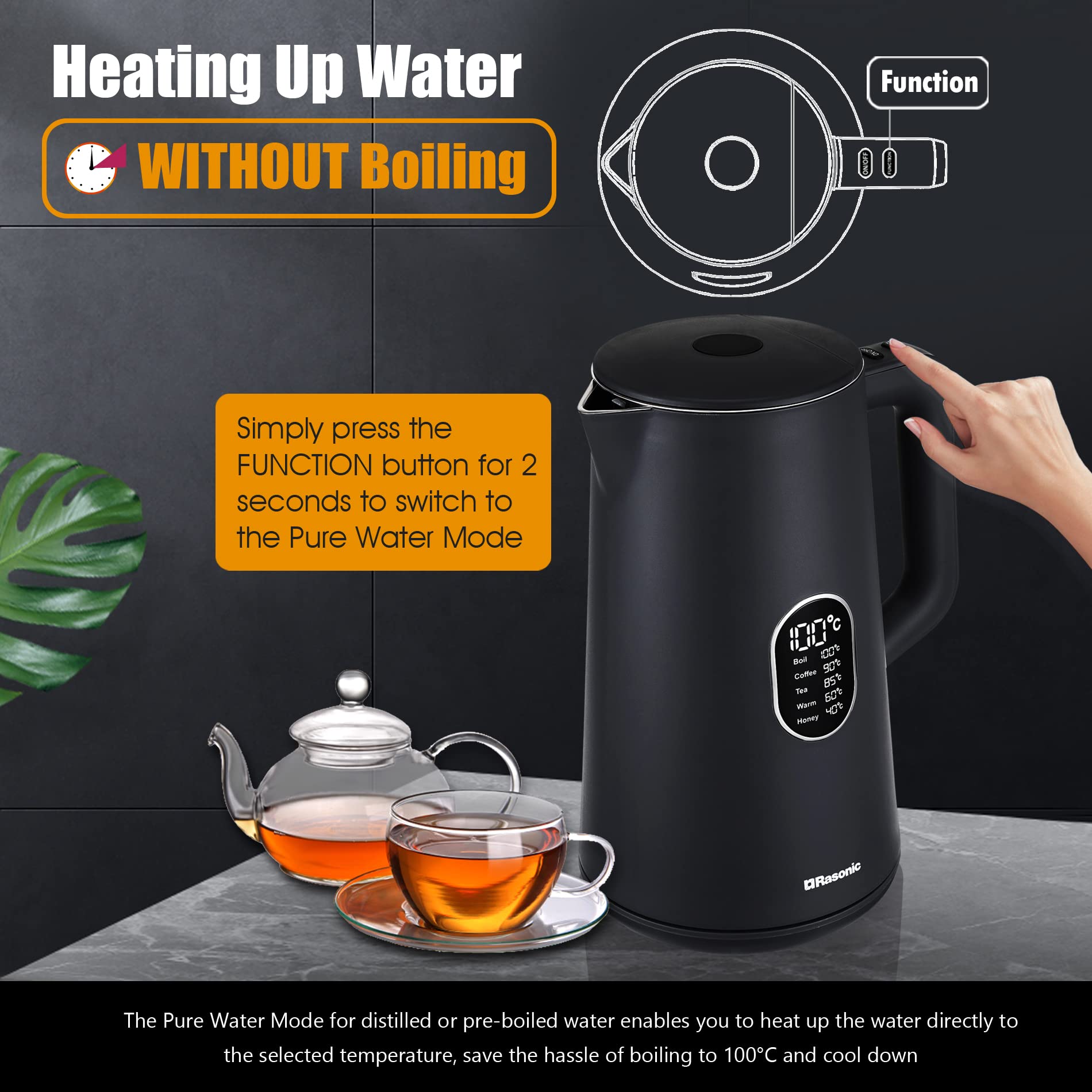 Amazon.com: Rasonic Electric Cordless Kettle with Variable Temperature  Control (40°C to 100°C), 1.5 Litre, 1800W, with Real-Time Temperature  Display, Charcoal Grey: Home u0026 Kitchen
