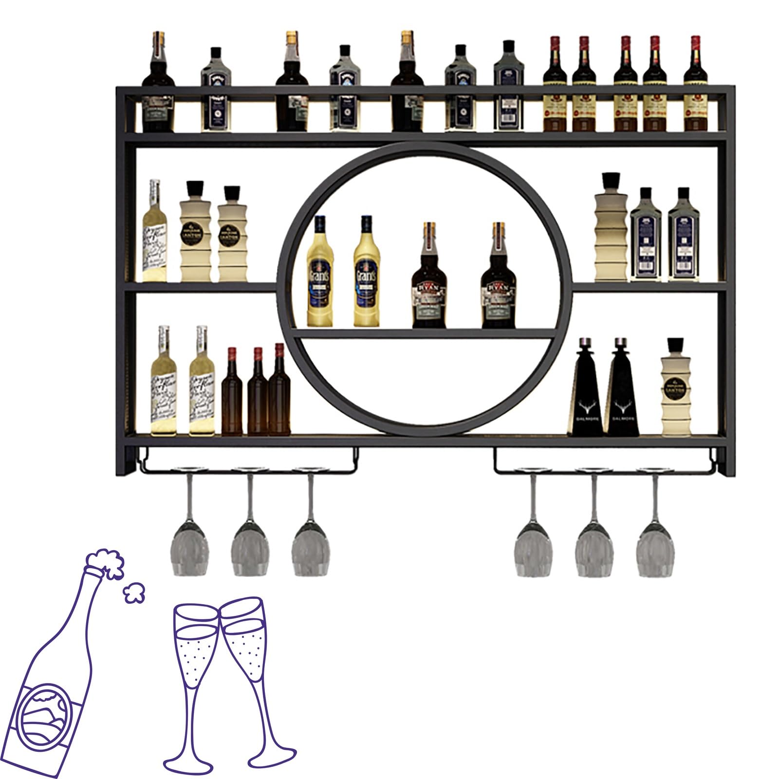 Support à verres à vin noir mural multifonctionnel pour étagère à whisky de maison