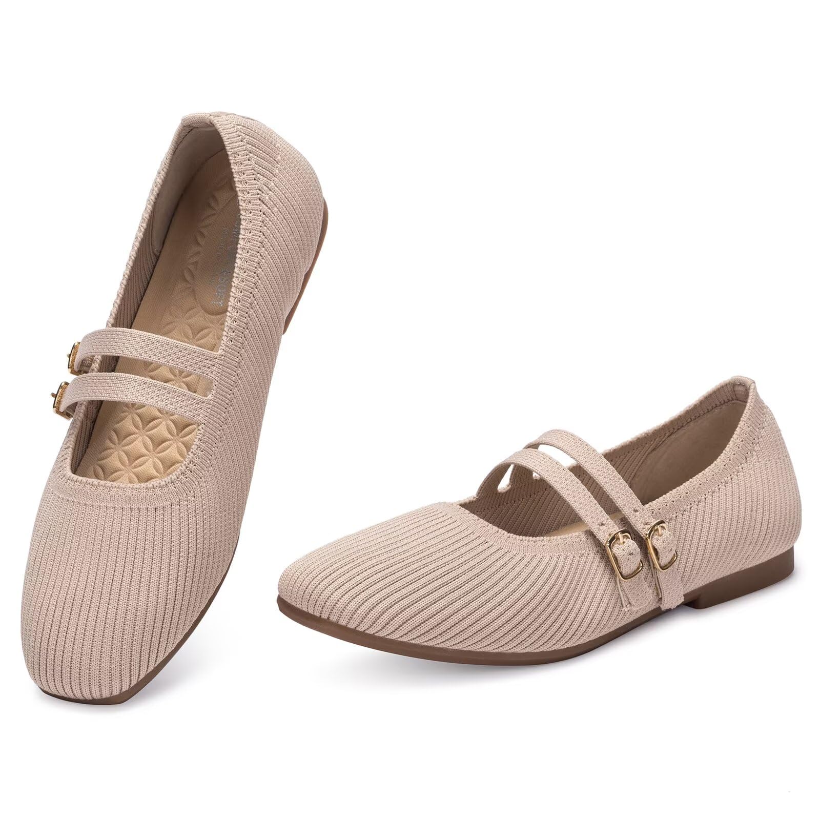 Frank Mully Damen-Ballerinas mit eckiger Spitze, Mary-Jane-Schuhe, Ballerinas mit Riemchen, bequeme Slipper aus Strick, elegant-leger