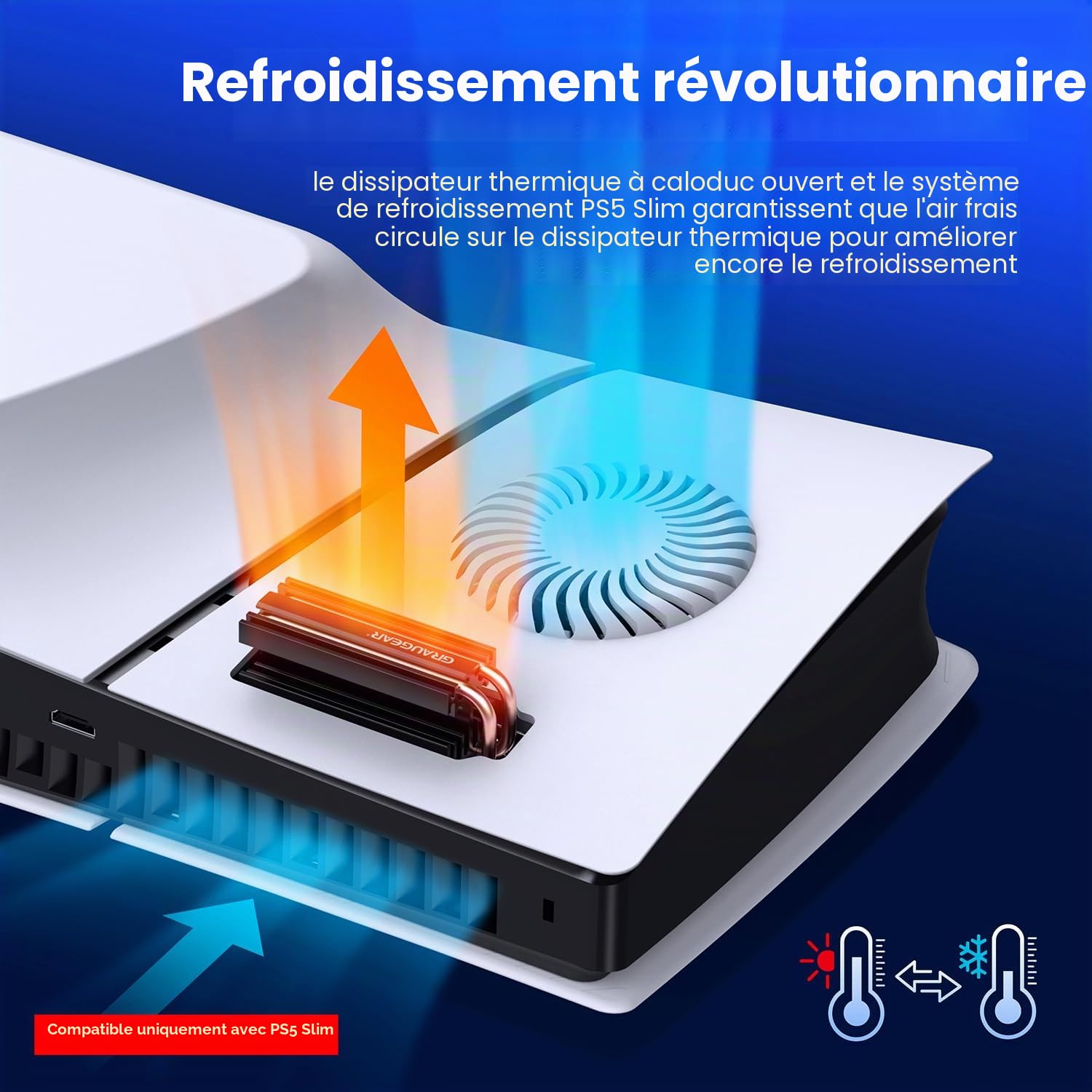 GRAUGEAR Pack de refroidissement M.2 SSD pour PS5 Slim, coque fine de ventilation PS5 et dissipateur thermique Open Air PS5 SSD, refroidisseur de caloduc pour PS5 M.2 SSD, caloduc en cuivre pur,